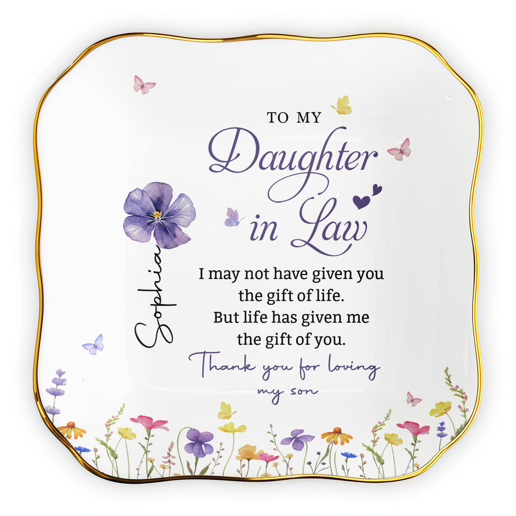 Personalized Ceramic Jewelry Dish Custom Name Gift for Daughter-in-Law Lace Square Jewelry Dish GradoCreations