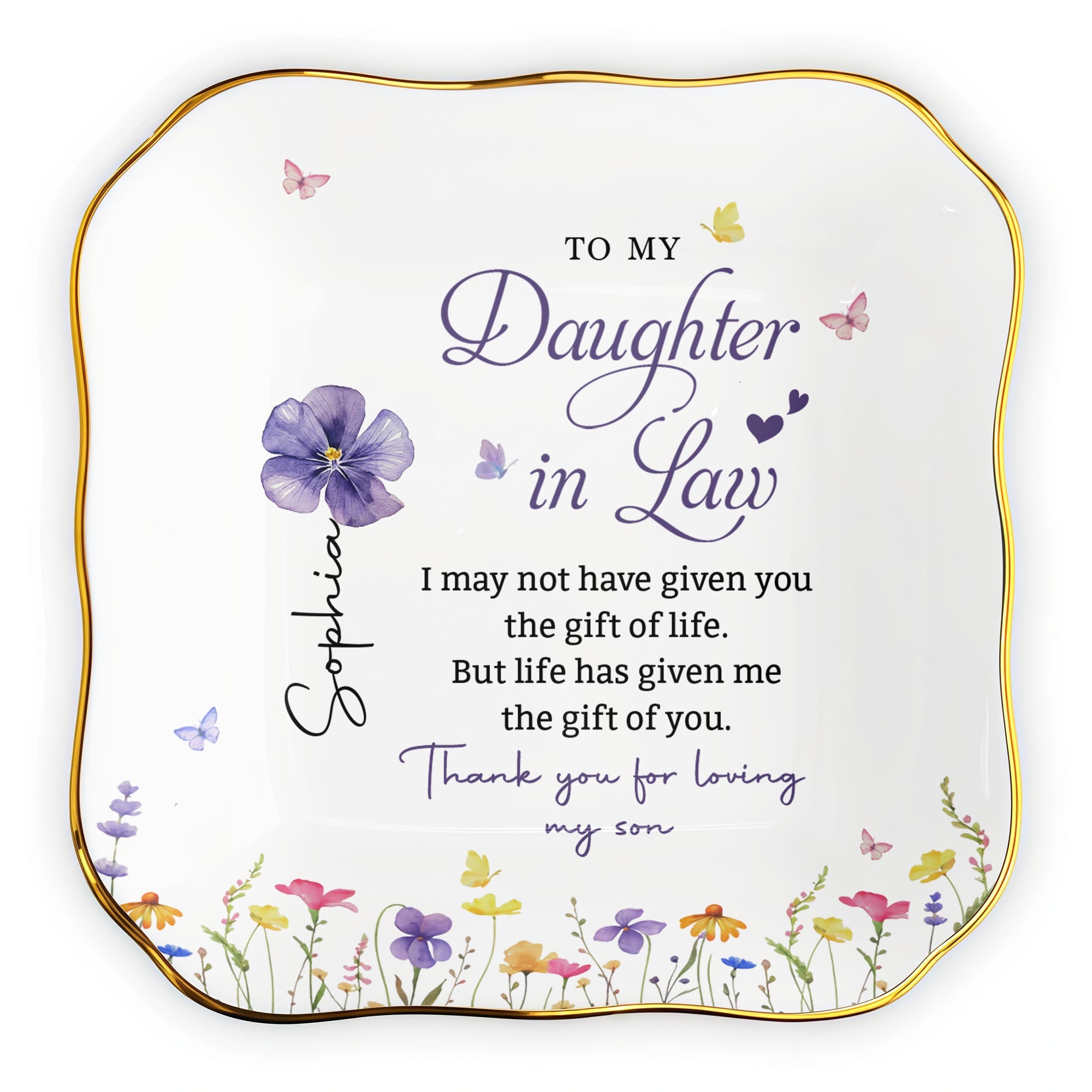 Personalized Ceramic Jewelry Dish Custom Name Gift for Daughter-in-Law Lace Square Jewelry Dish GradoCreations