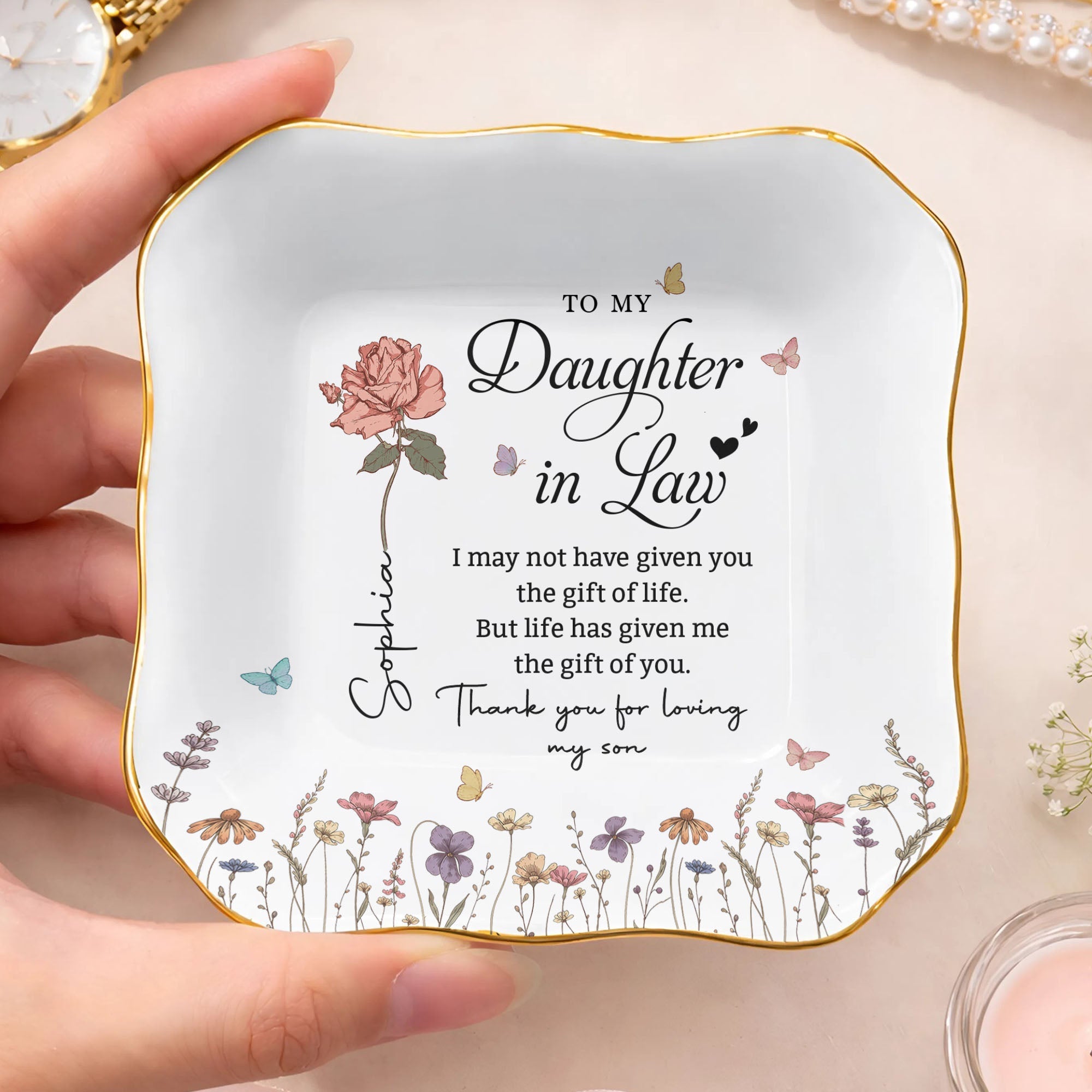 Personalized Lace Jewelry Dish Custom Name Gift for Daughter-in-Law Lace Square Jewelry Dish GradoCreations