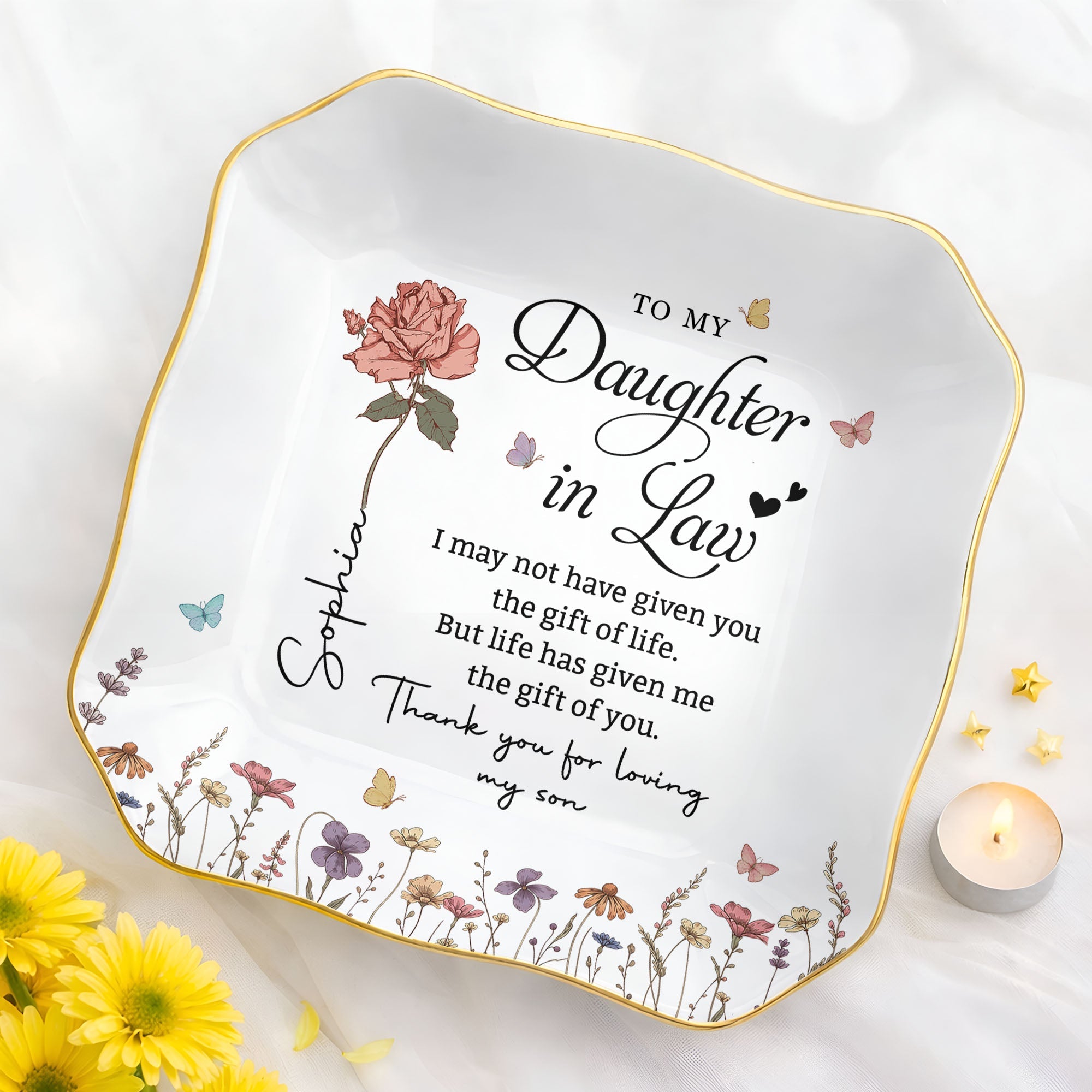 Personalized Lace Jewelry Dish Custom Name Gift for Daughter-in-Law Lace Square Jewelry Dish GradoCreations