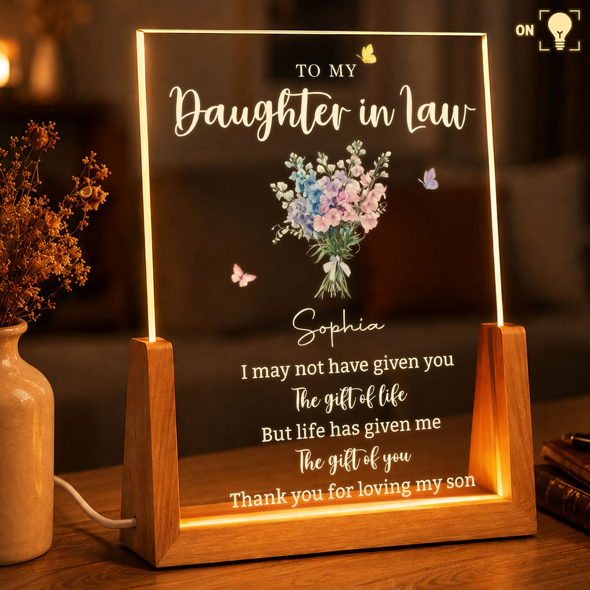 Personalized Acrylic Night Light Custom Floral Gift for Daughter In Law Wood and Acrylic Night Light GradoCreations