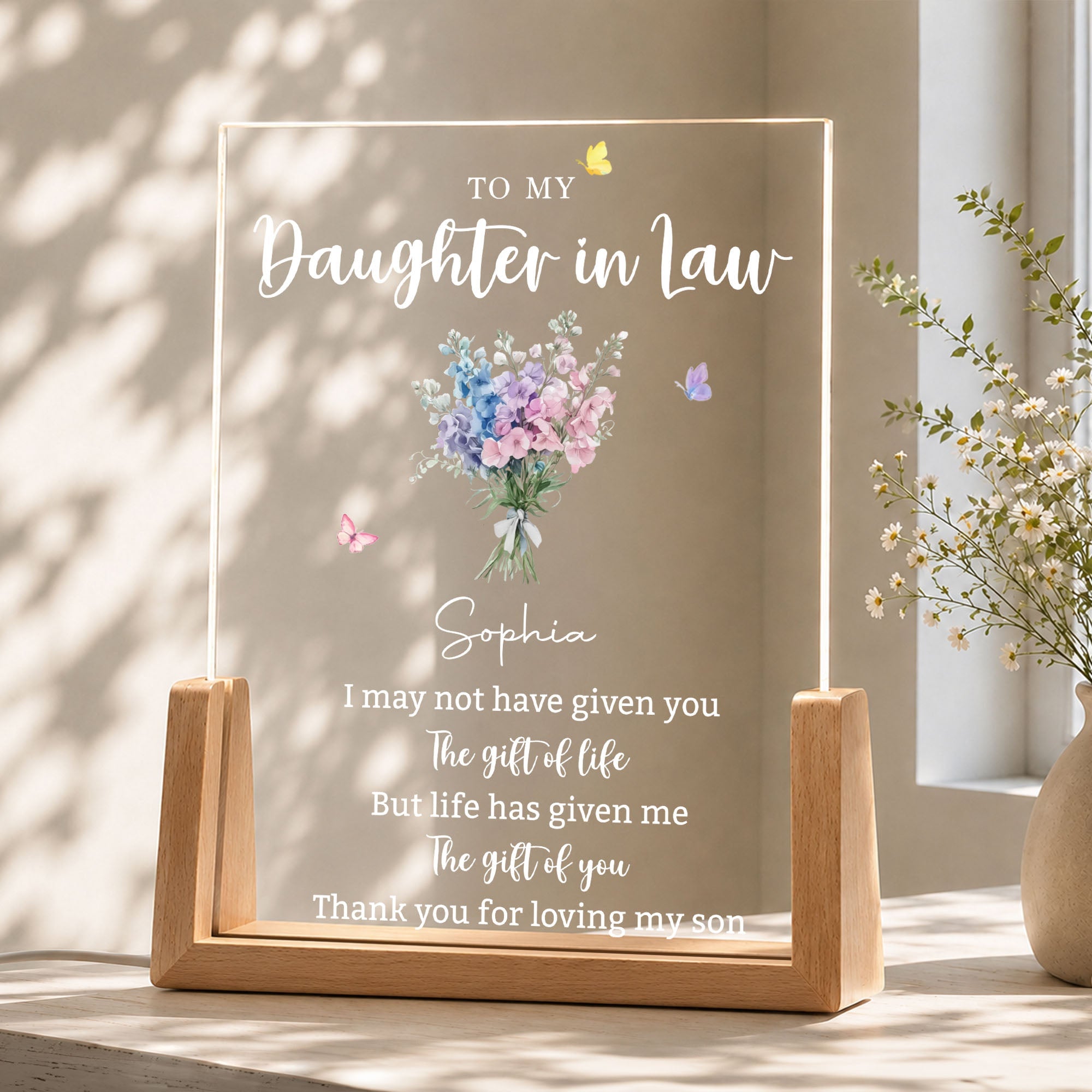 Personalized Acrylic Night Light Custom Floral Gift for Daughter In Law Wood and Acrylic Night Light GradoCreations
