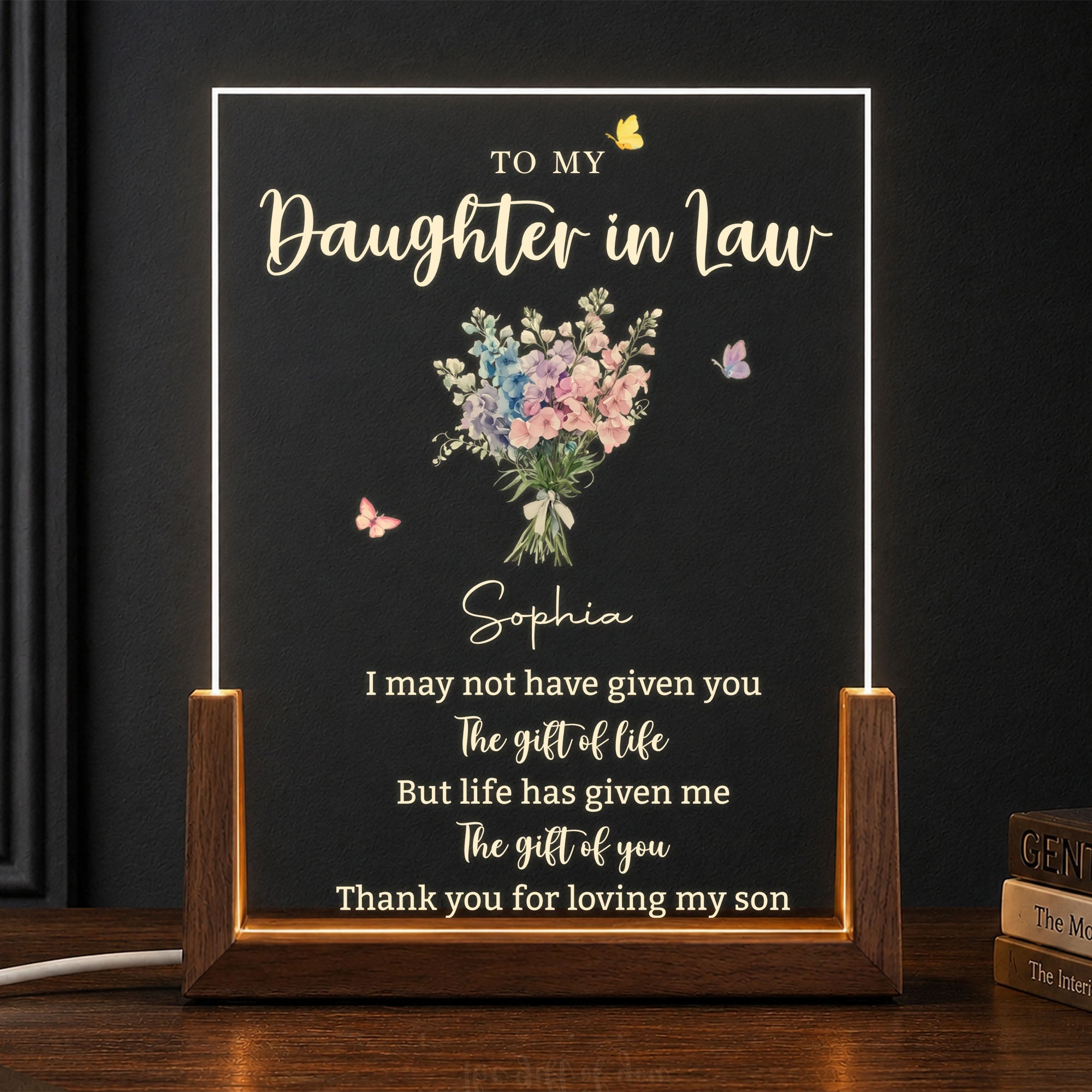 Personalized Acrylic Night Light Custom Floral Gift for Daughter In Law Wood and Acrylic Night Light GradoCreations
