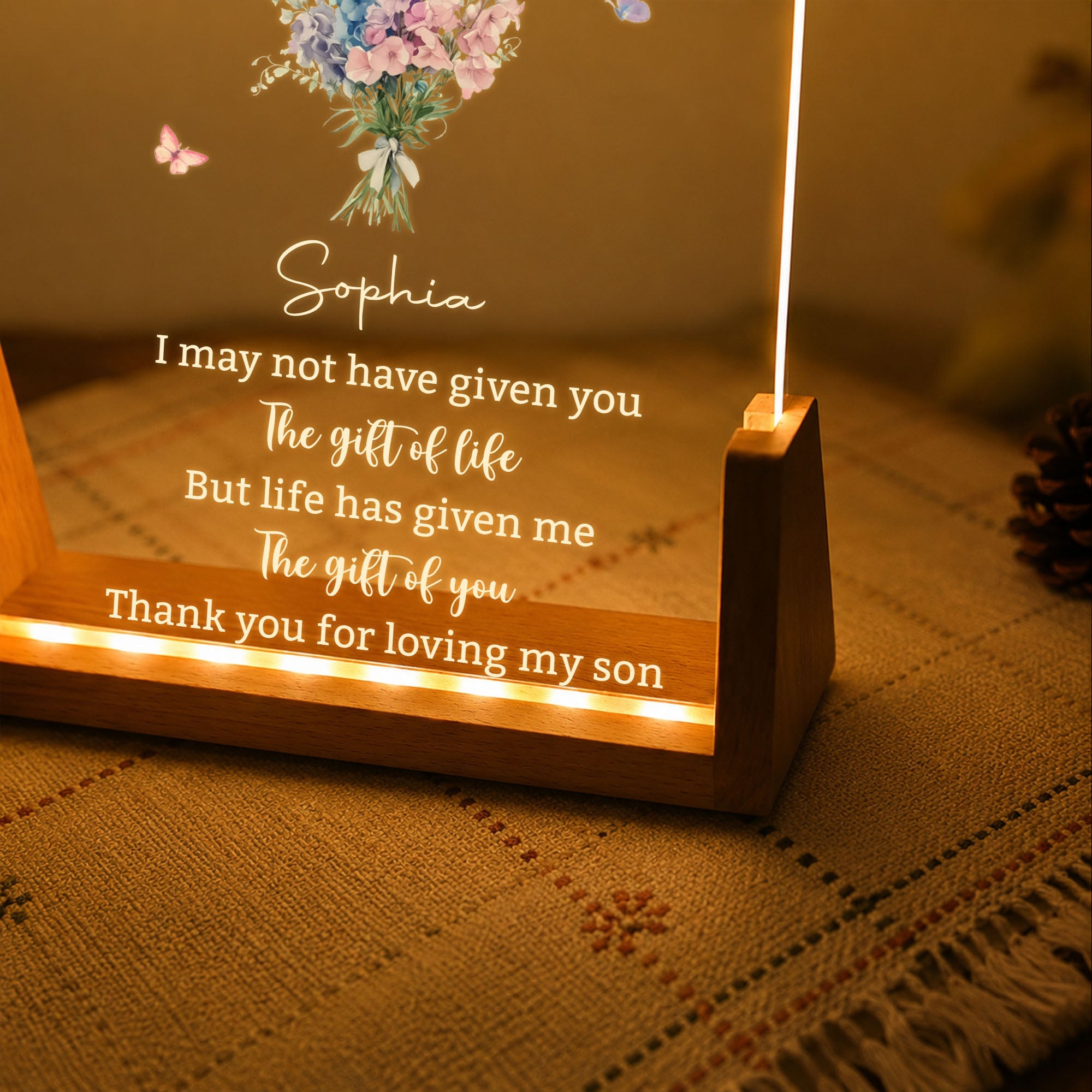 Personalized Acrylic Night Light Custom Floral Gift for Daughter In Law Wood and Acrylic Night Light GradoCreations