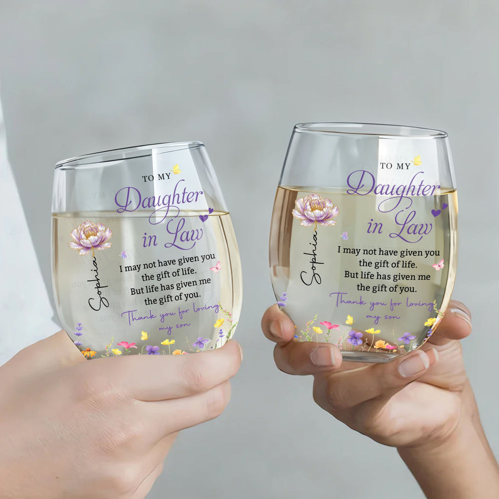 Personalized Stemless Wine Glass Custom Gift for Daughter-in-Law Wine Glasses GradoCreations