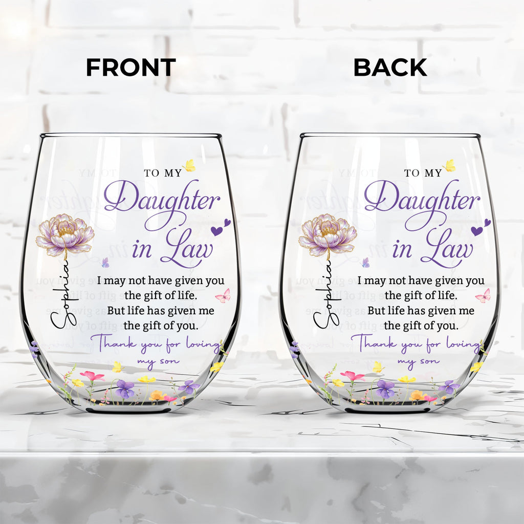 Personalized Stemless Wine Glass Custom Gift for Daughter-in-Law Wine Glasses GradoCreations