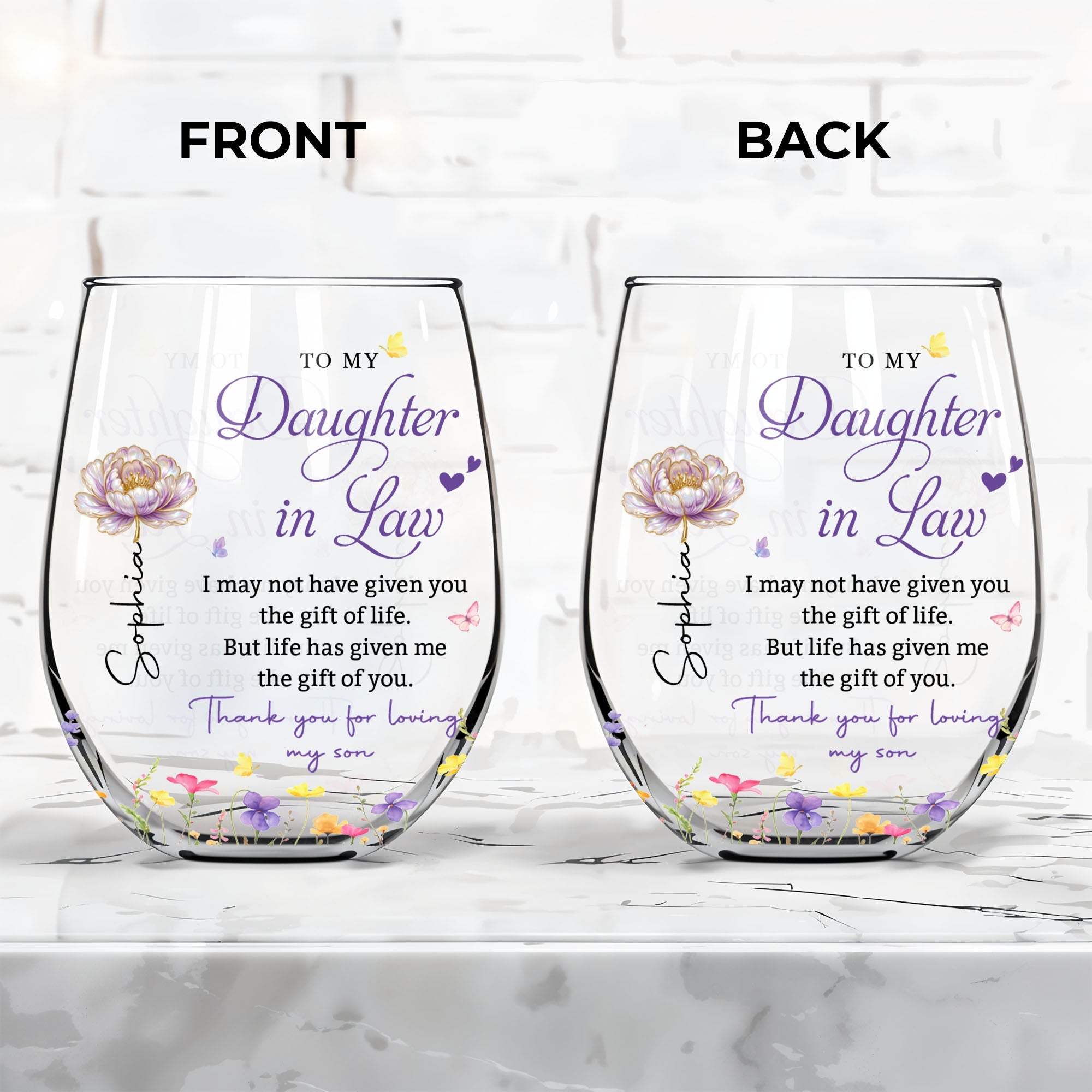 Personalized Stemless Wine Glass Custom Gift for Daughter-in-Law Wine Glasses GradoCreations