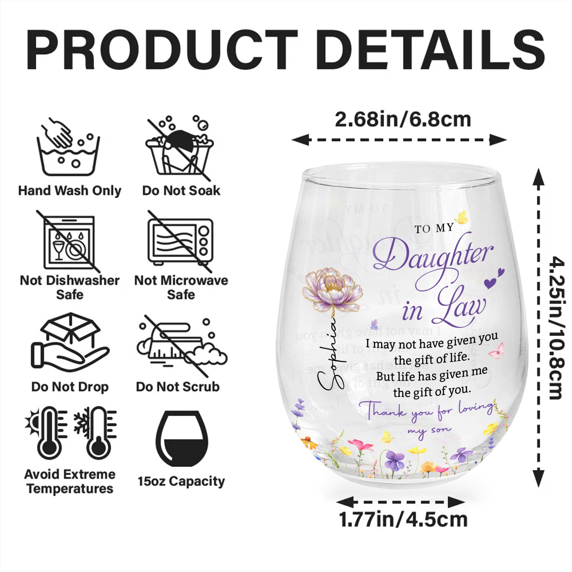 Personalized Stemless Wine Glass Custom Gift for Daughter-in-Law Wine Glasses GradoCreations