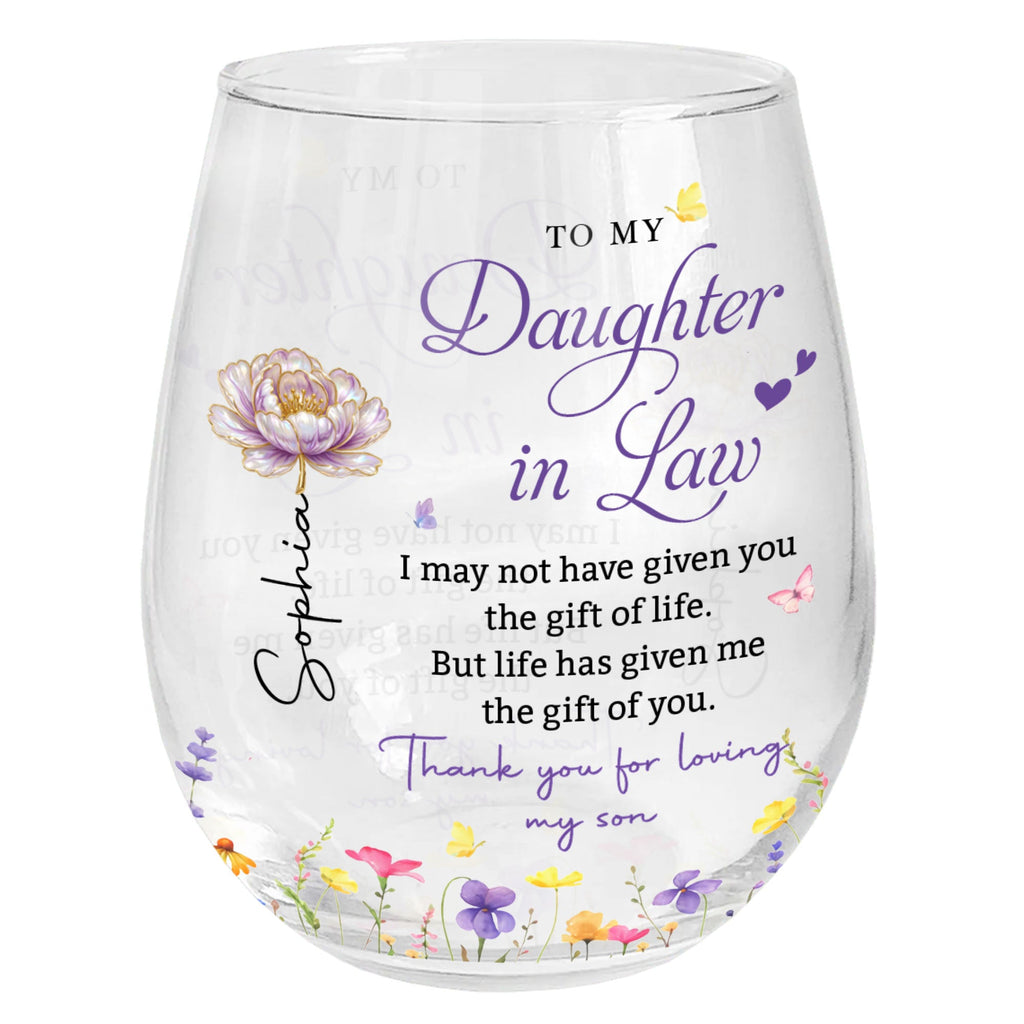 Personalized Stemless Wine Glass Custom Gift for Daughter-in-Law Wine Glasses GradoCreations