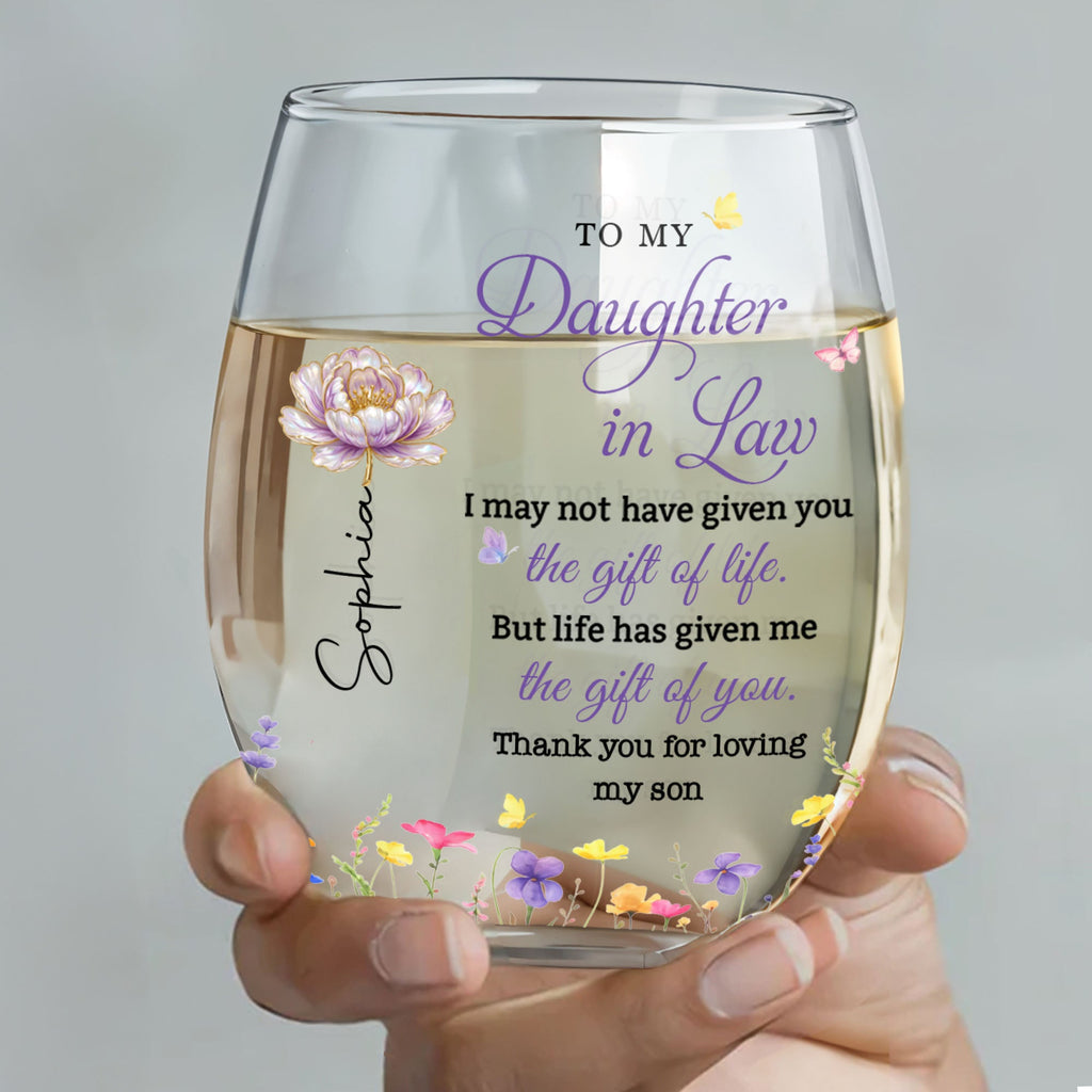 Personalized Stemless Wine Glass Custom Birth Month Flowers Gift for Daughter-in-Law Wine Glasses GradoCreations