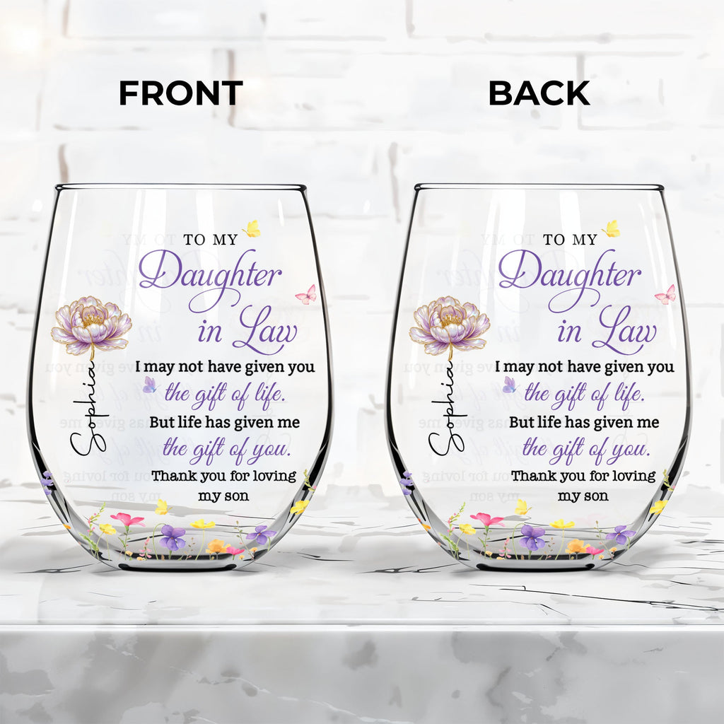 Personalized Stemless Wine Glass Custom Birth Month Flowers Gift for Daughter-in-Law Wine Glasses GradoCreations