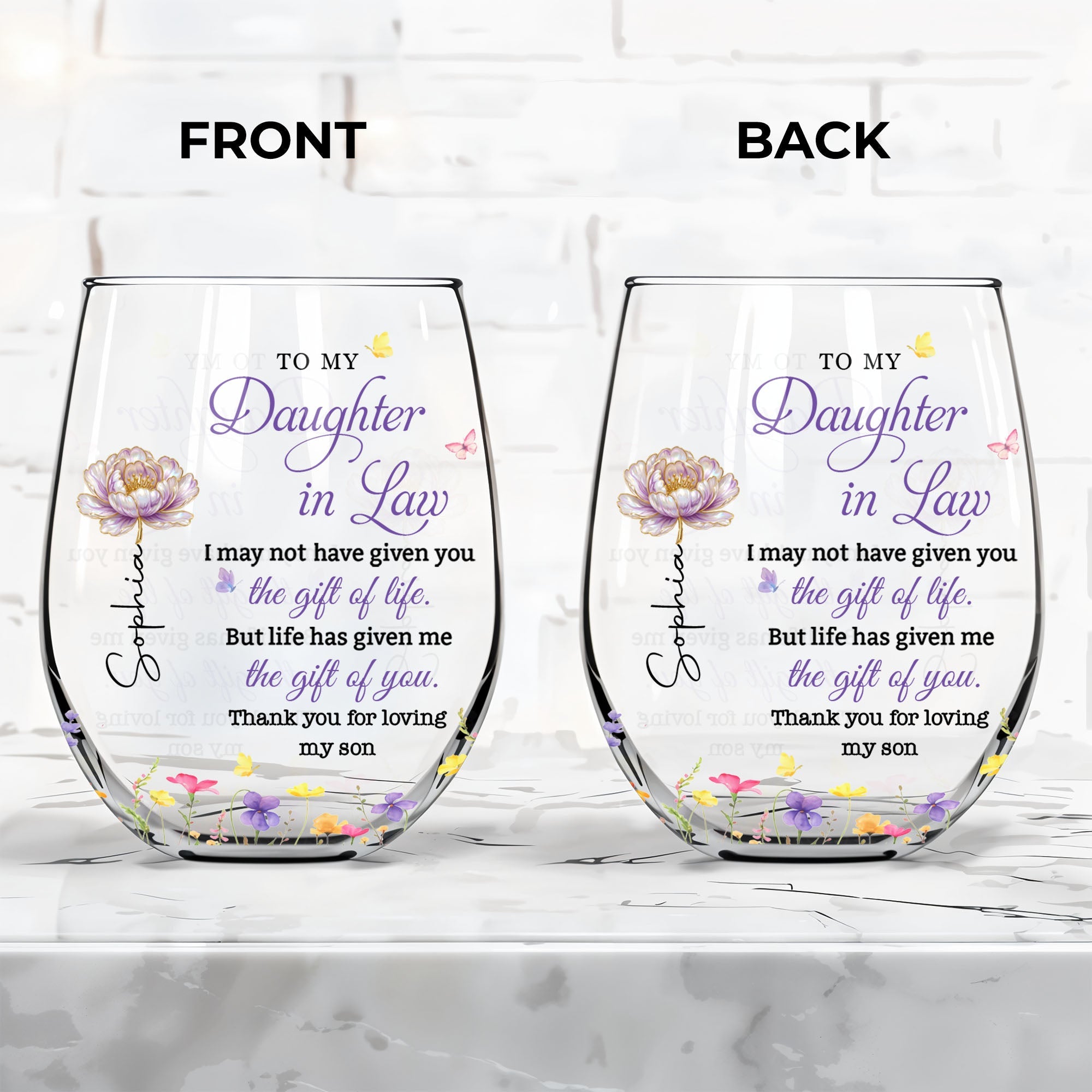 Personalized Stemless Wine Glass Custom Birth Month Flowers Gift for Daughter-in-Law Wine Glasses GradoCreations