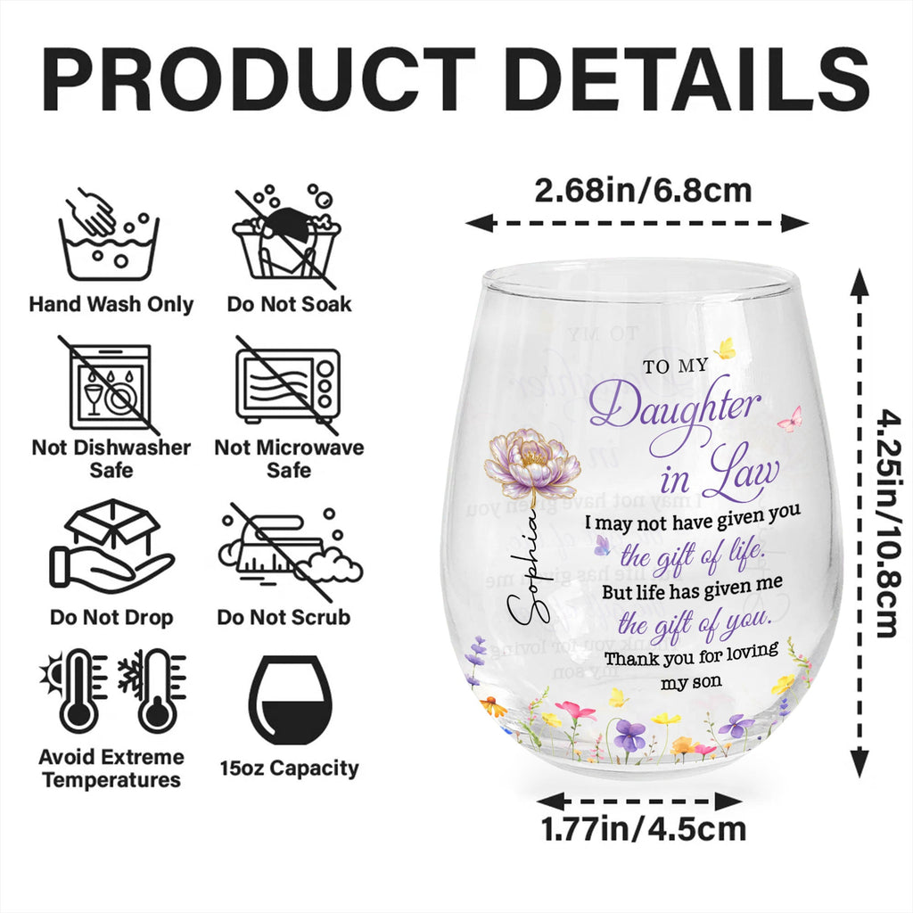 Personalized Stemless Wine Glass Custom Birth Month Flowers Gift for Daughter-in-Law Wine Glasses GradoCreations