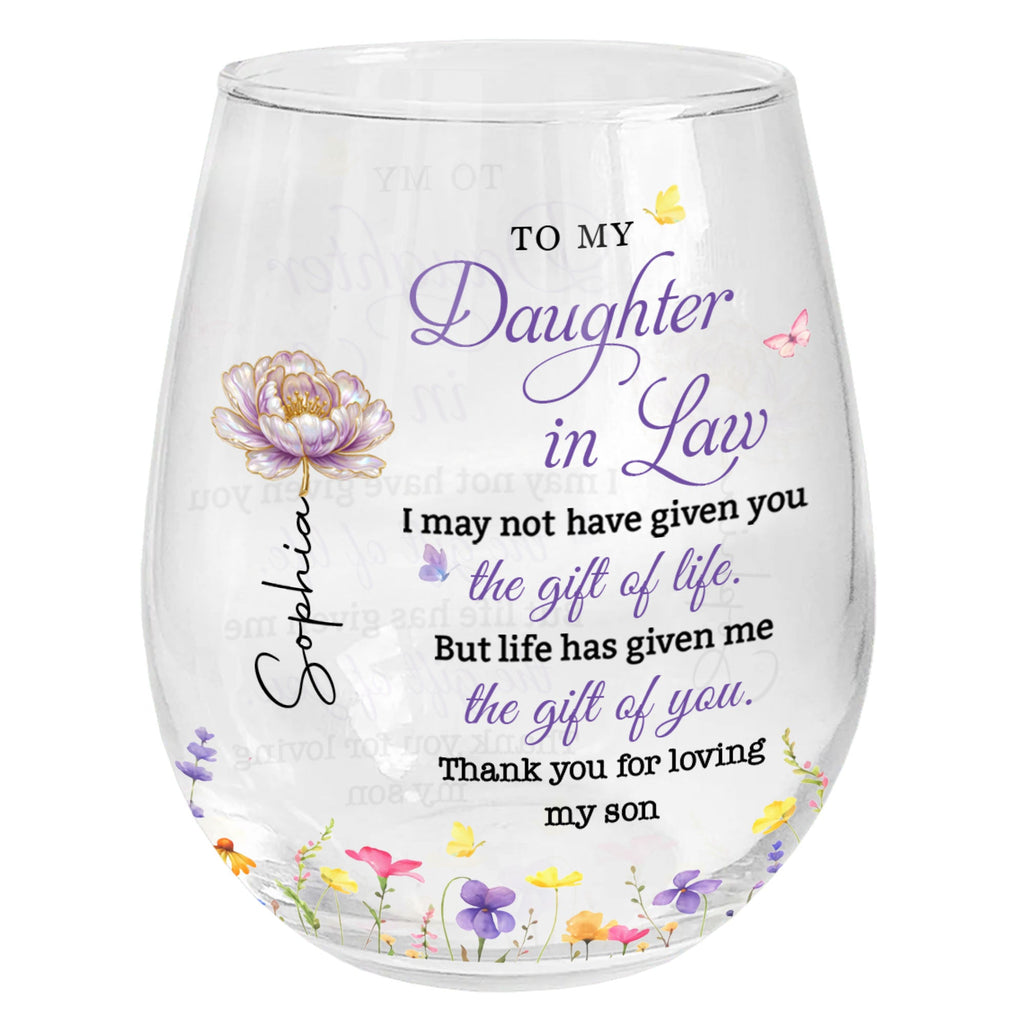 Personalized Stemless Wine Glass Custom Birth Month Flowers Gift for Daughter-in-Law Wine Glasses GradoCreations