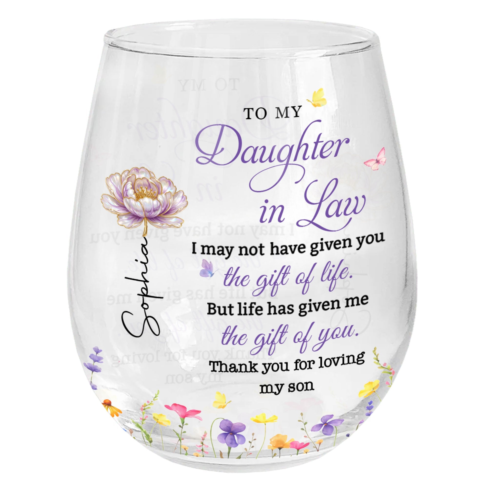 Personalized Stemless Wine Glass Custom Birth Month Flowers Gift for Daughter-in-Law Wine Glasses GradoCreations