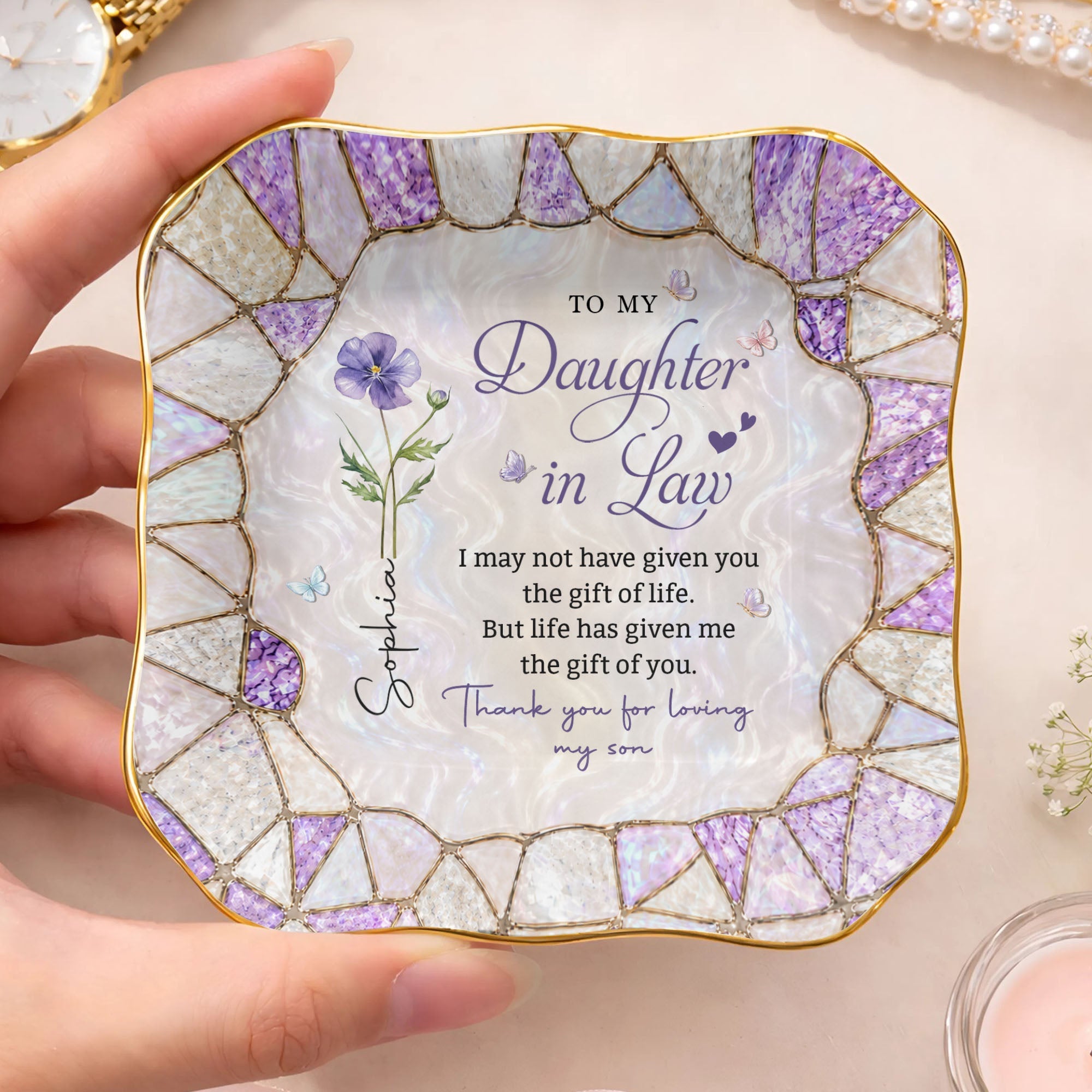 Personalized Lace Jewelry Dish Custom Name Gift for Daughter-in-Law Lace Square Jewelry Dish GradoCreations