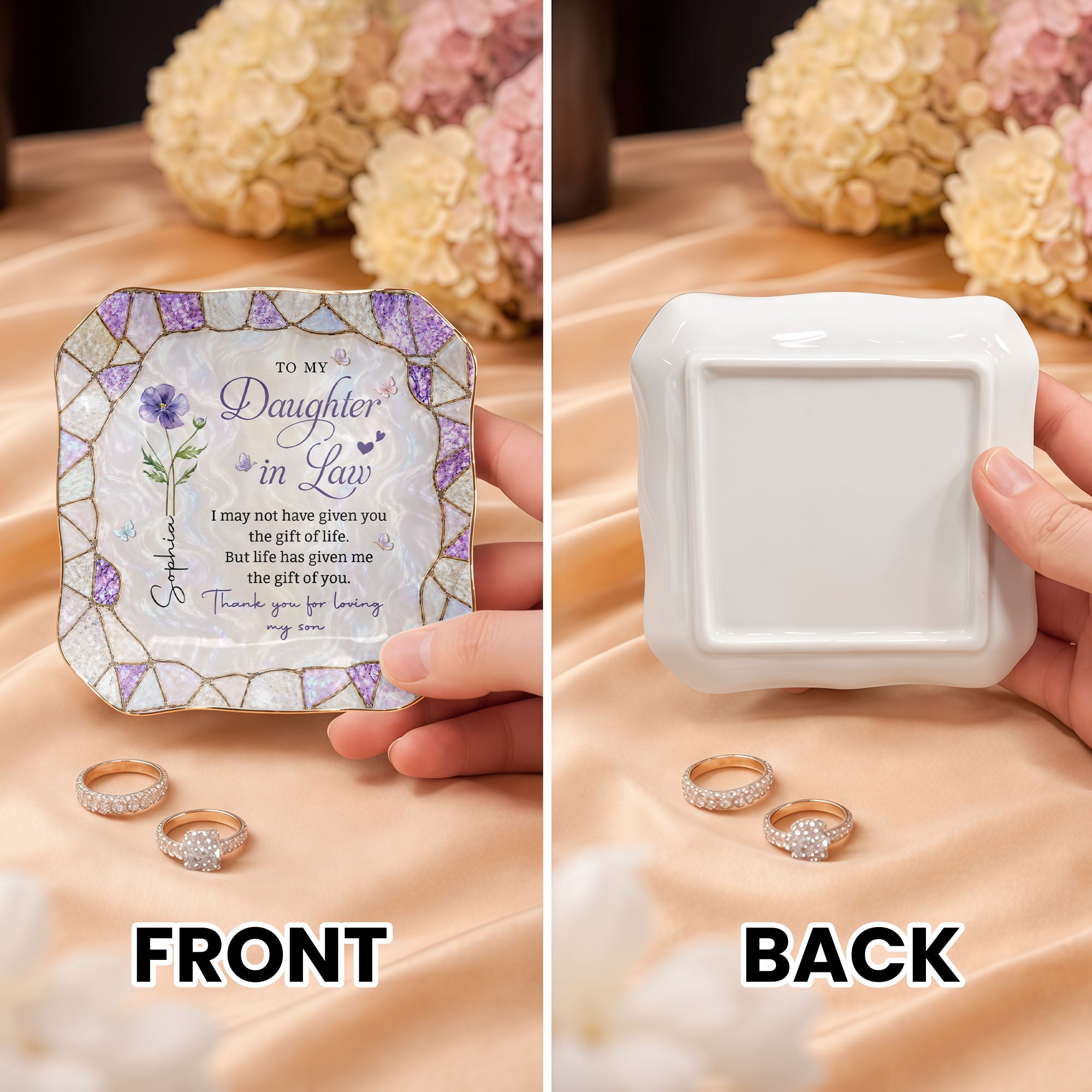 Personalized Lace Jewelry Dish Custom Name Gift for Daughter-in-Law Lace Square Jewelry Dish GradoCreations