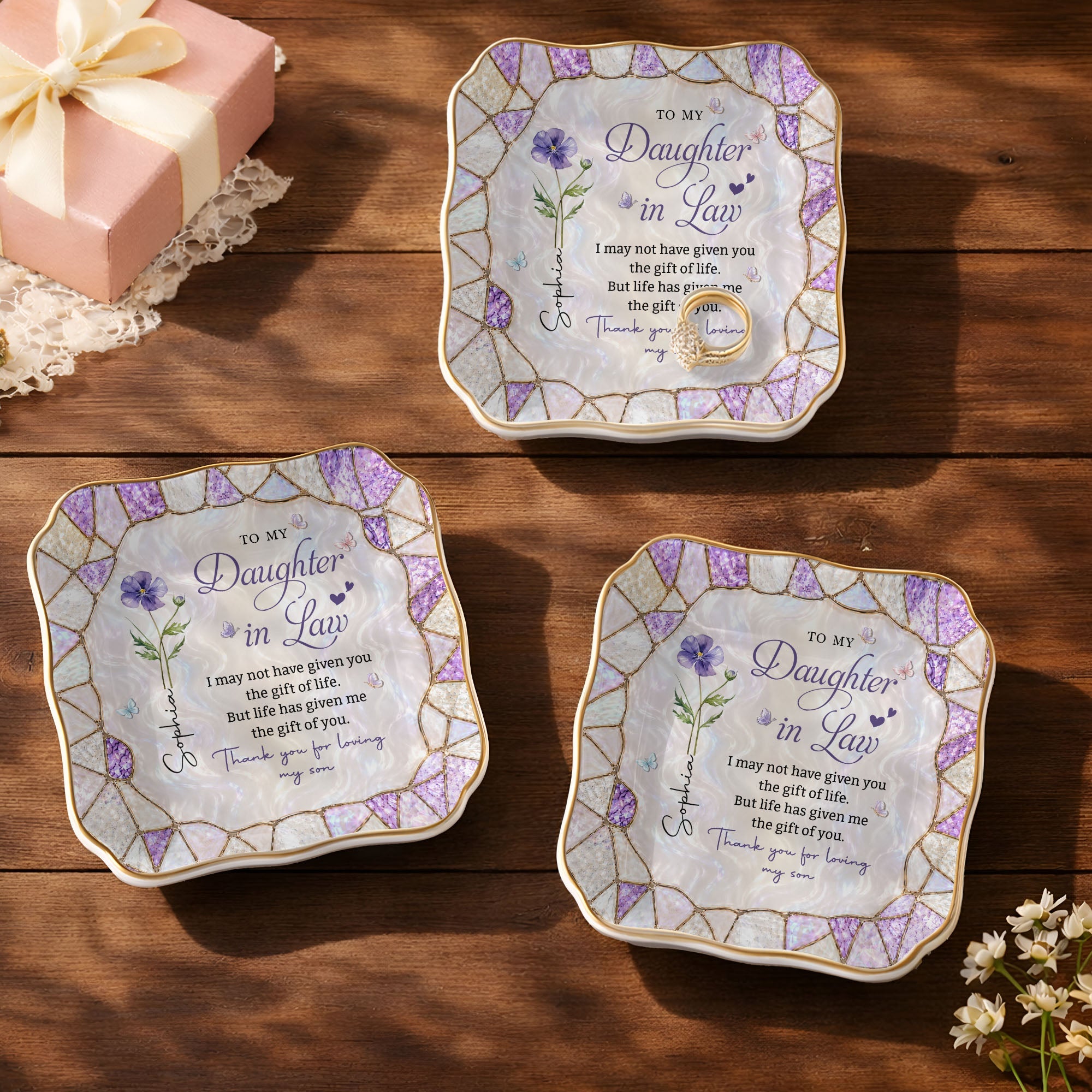 Personalized Lace Jewelry Dish Custom Name Gift for Daughter-in-Law Lace Square Jewelry Dish GradoCreations