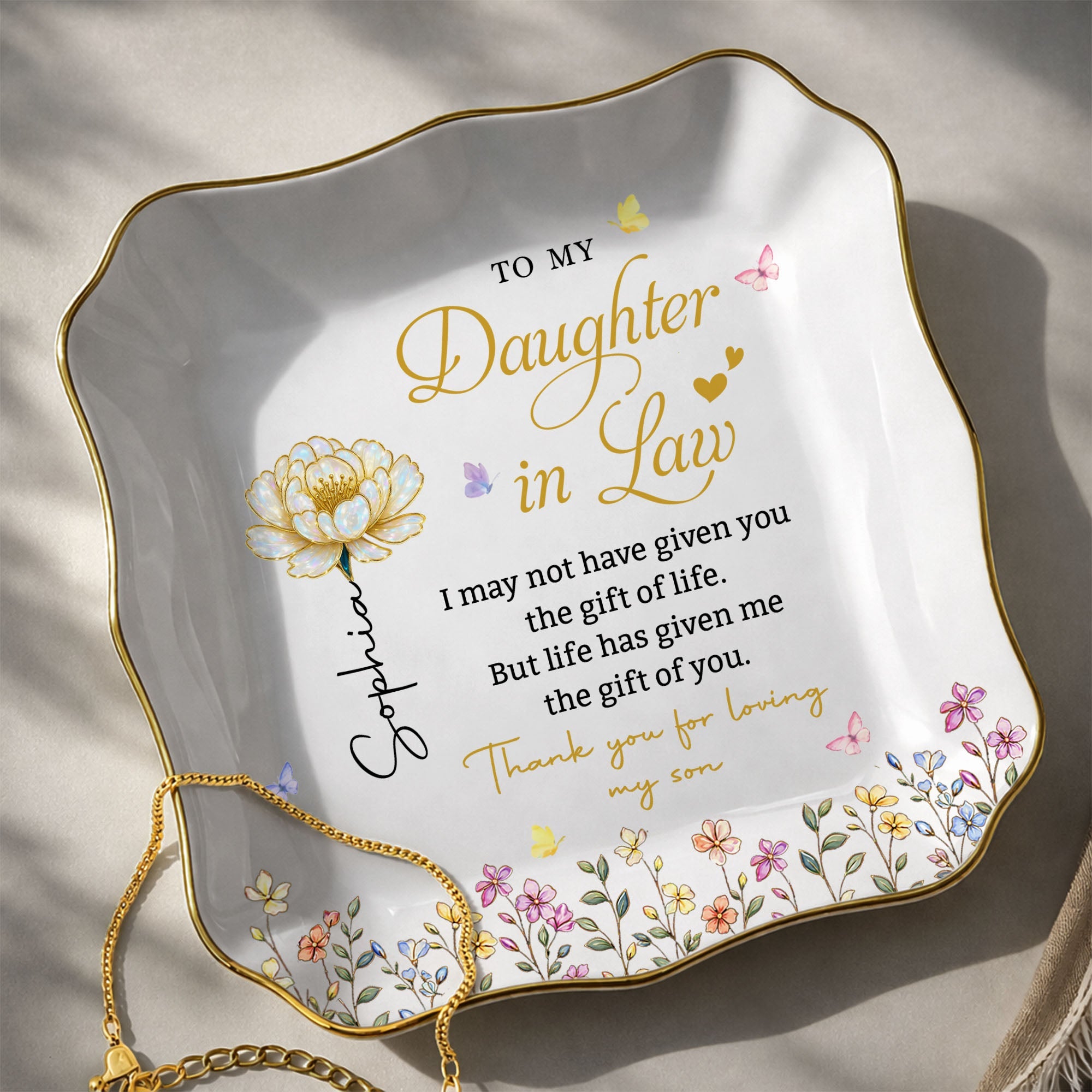 Personalized Lace Jewelry Dish Custom Name Gift for Daughter-in-Law Lace Square Jewelry Dish GradoCreations