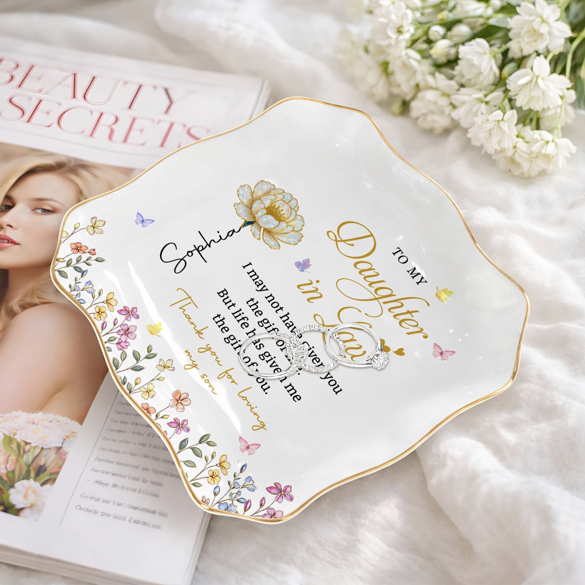 Personalized Lace Jewelry Dish Custom Name Gift for Daughter-in-Law Lace Square Jewelry Dish GradoCreations