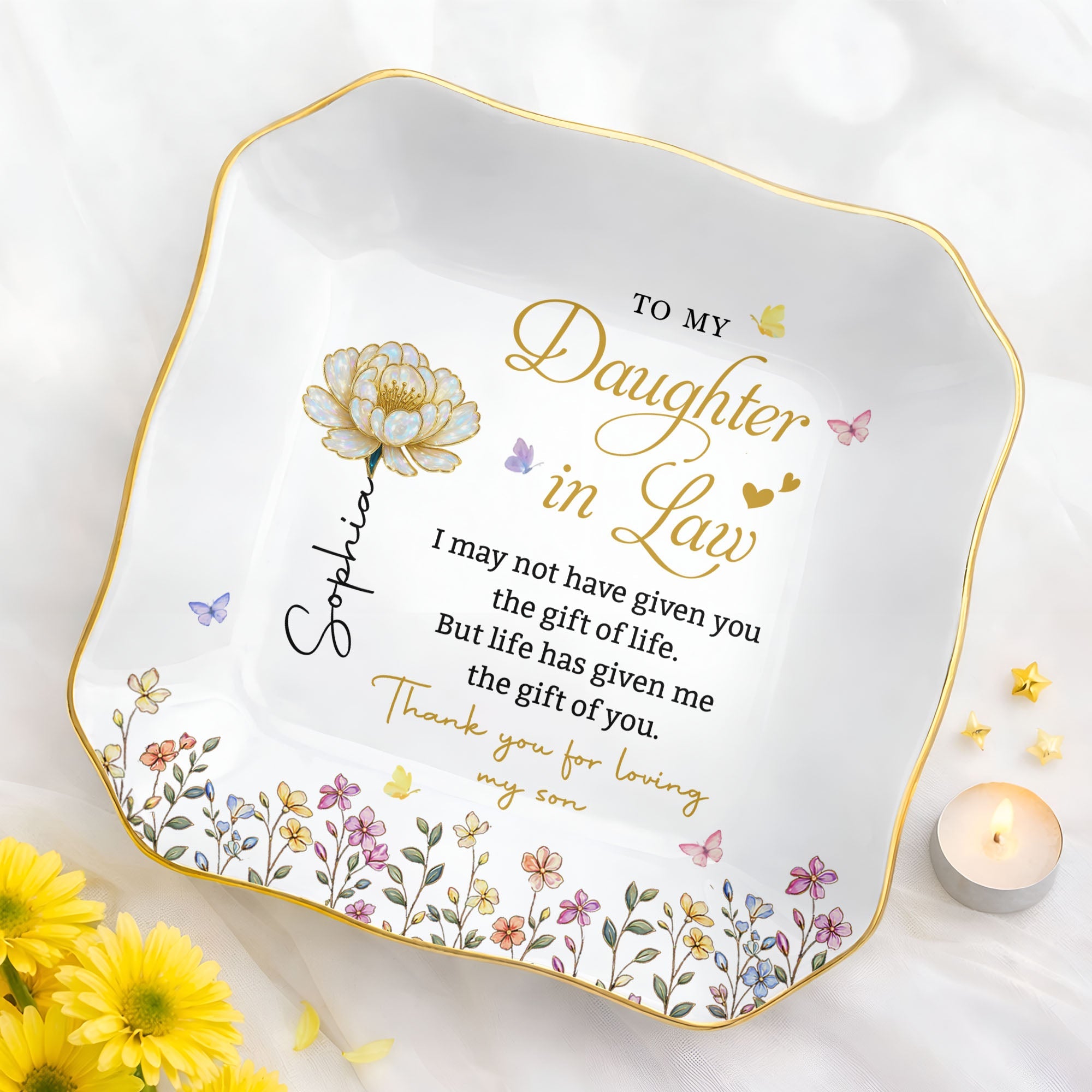 Personalized Lace Jewelry Dish Custom Name Gift for Daughter-in-Law Lace Square Jewelry Dish GradoCreations