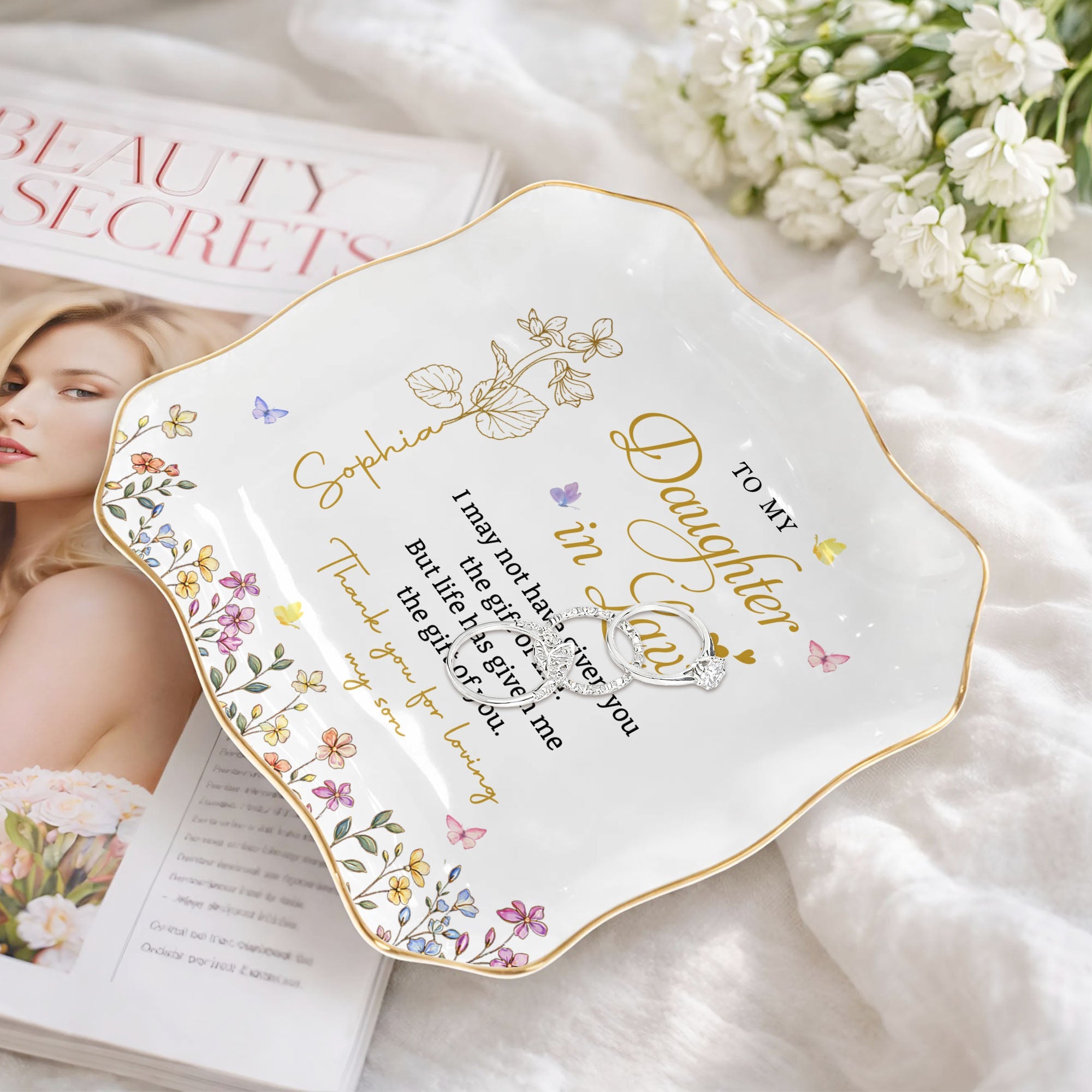 Personalized Ceramic Jewelry Dish Custom Name Gift for Daughter-in-Law Lace Square Jewelry Dish GradoCreations