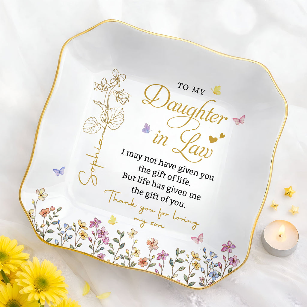 Personalized Ceramic Jewelry Dish Custom Name Gift for Daughter-in-Law Lace Square Jewelry Dish GradoCreations