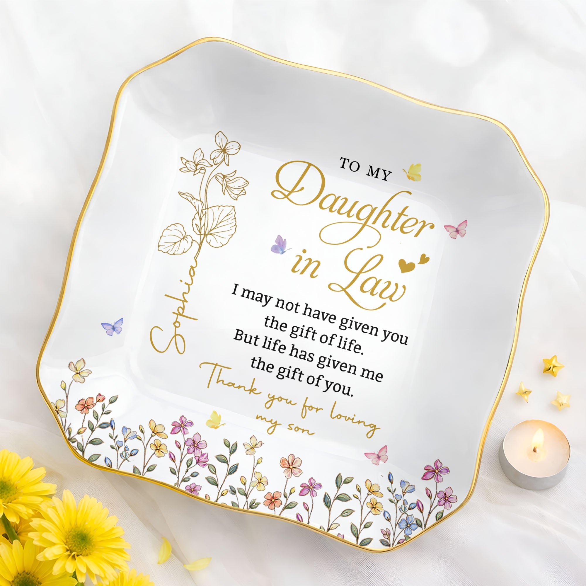 Personalized Ceramic Jewelry Dish Custom Name Gift for Daughter-in-Law Lace Square Jewelry Dish GradoCreations