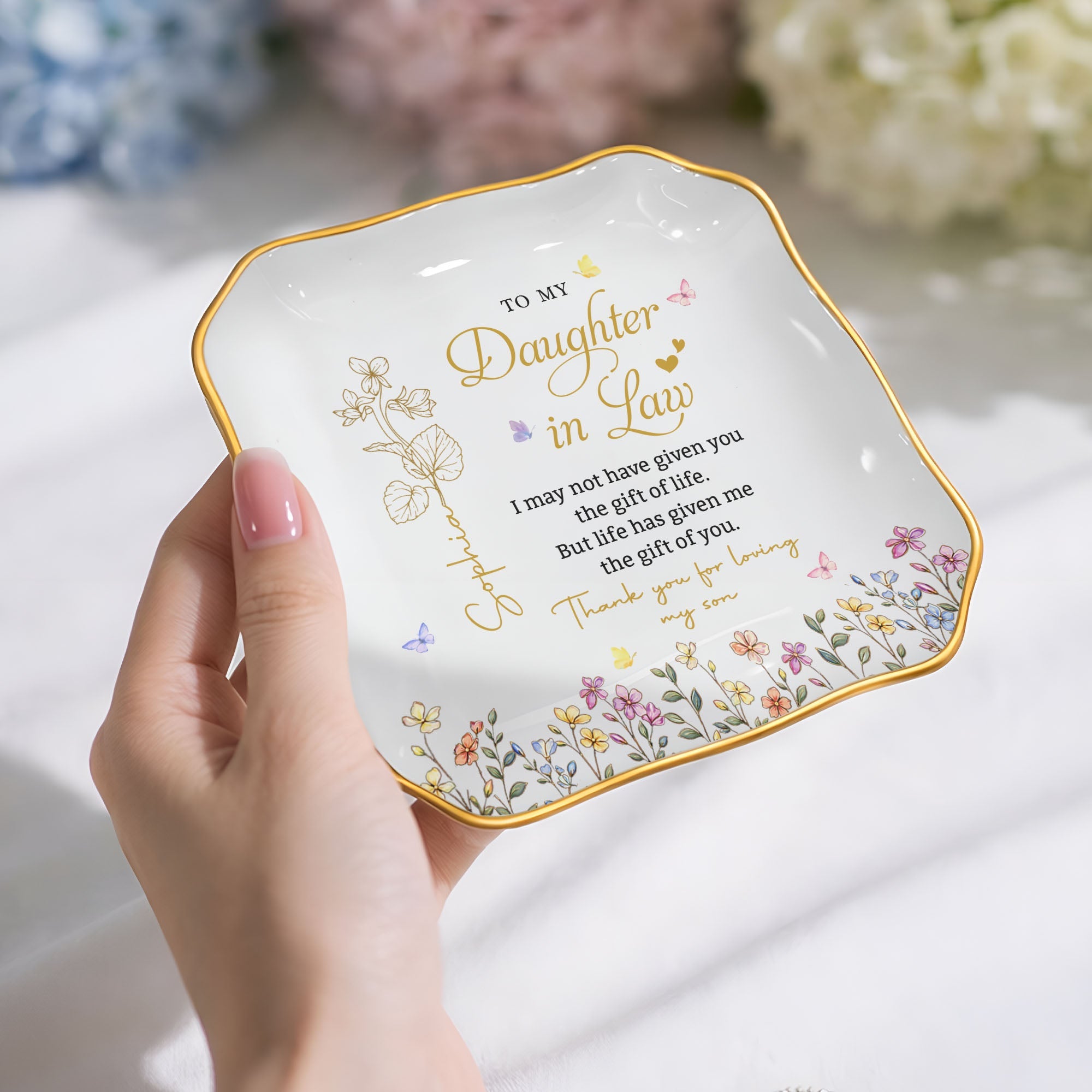Personalized Ceramic Jewelry Dish Custom Name Gift for Daughter-in-Law Lace Square Jewelry Dish GradoCreations