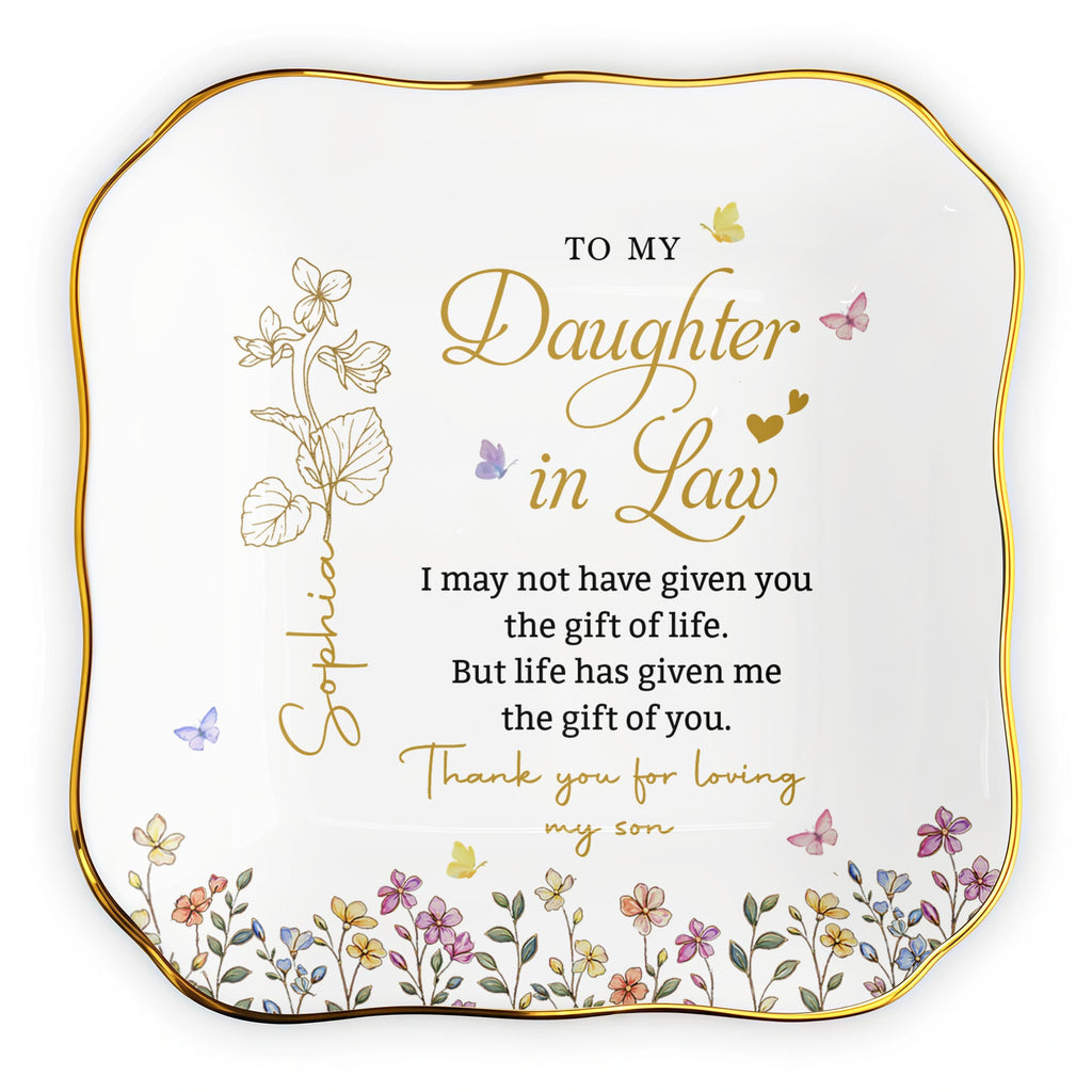 Personalized Ceramic Jewelry Dish Custom Name Gift for Daughter-in-Law Lace Square Jewelry Dish GradoCreations