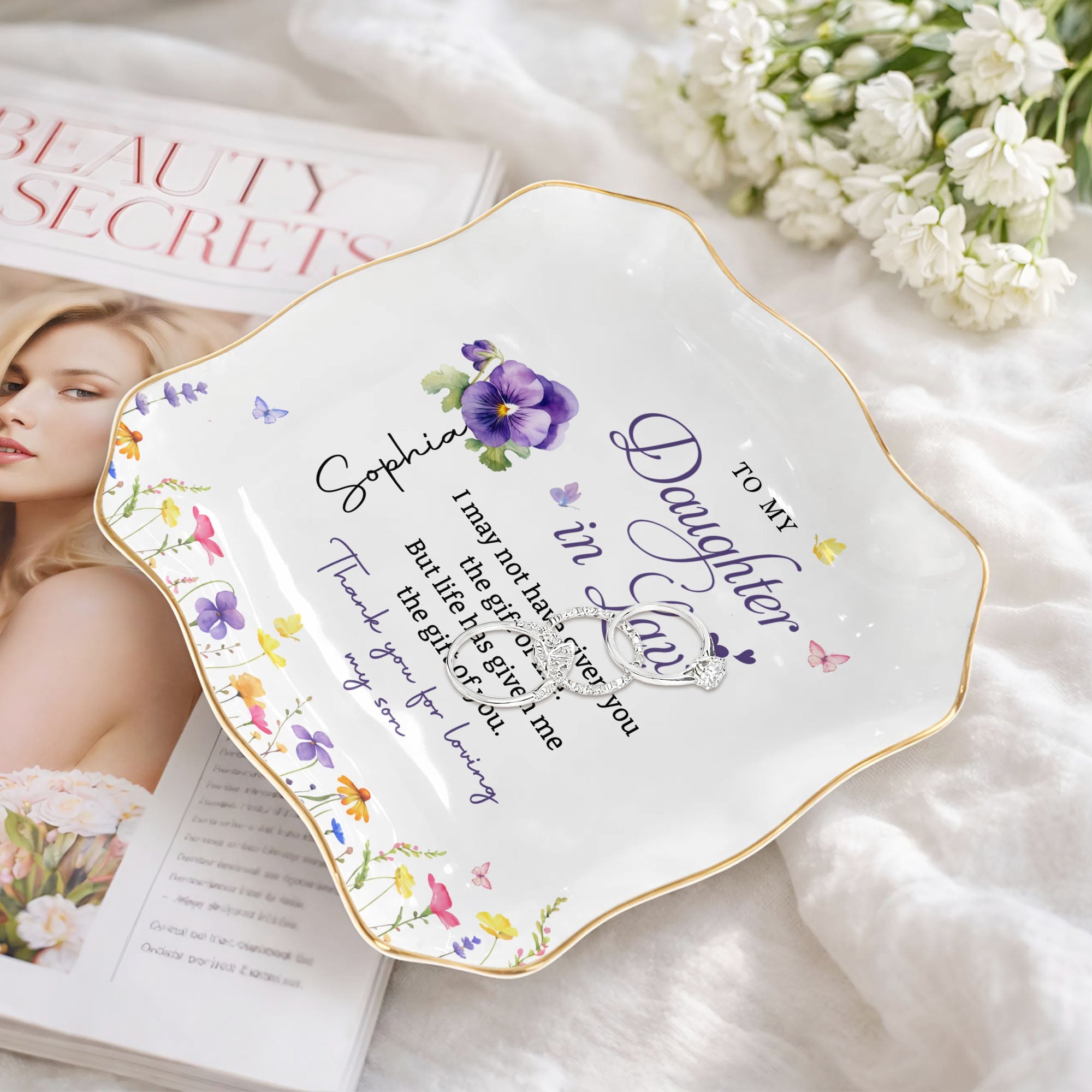Personalized Lace Jewelry Dish Custom Name Gift for Daughter-in-Law Lace Square Jewelry Dish GradoCreations
