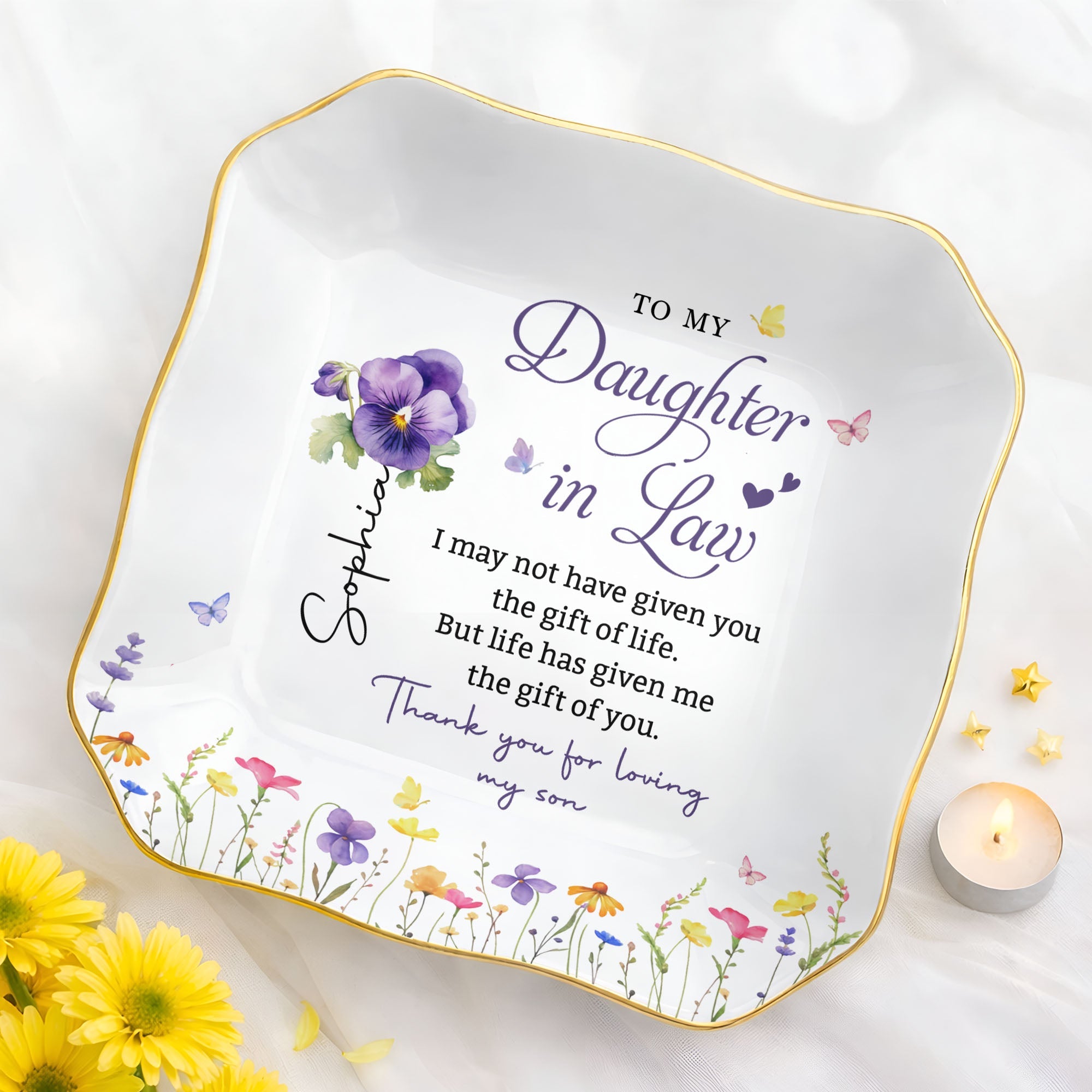 Personalized Lace Jewelry Dish Custom Name Gift for Daughter-in-Law Lace Square Jewelry Dish GradoCreations