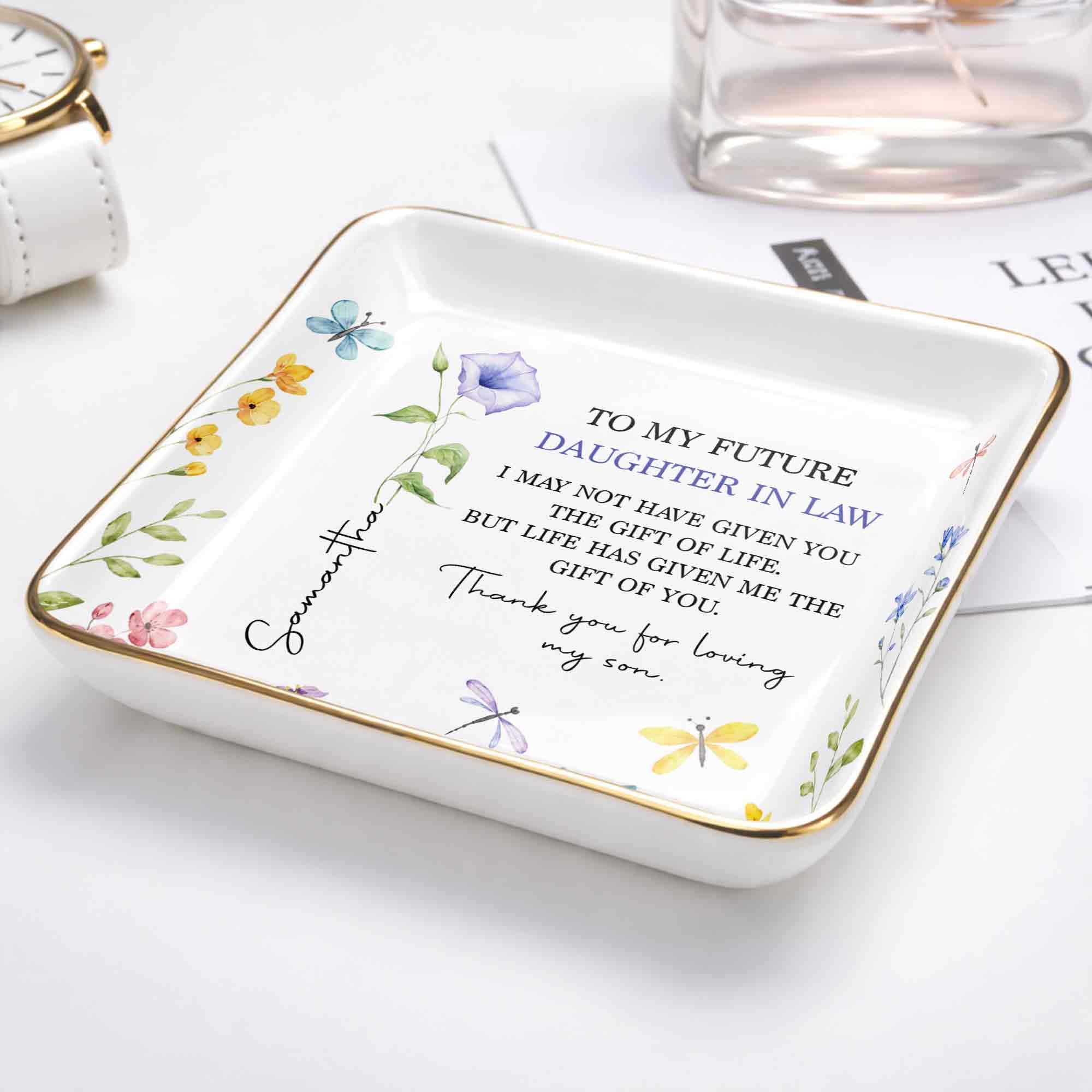 Personalized Square Ceramic Jewelry Dish Gift for Future Daughter-in-Law Jewelry Dish GradoCreations