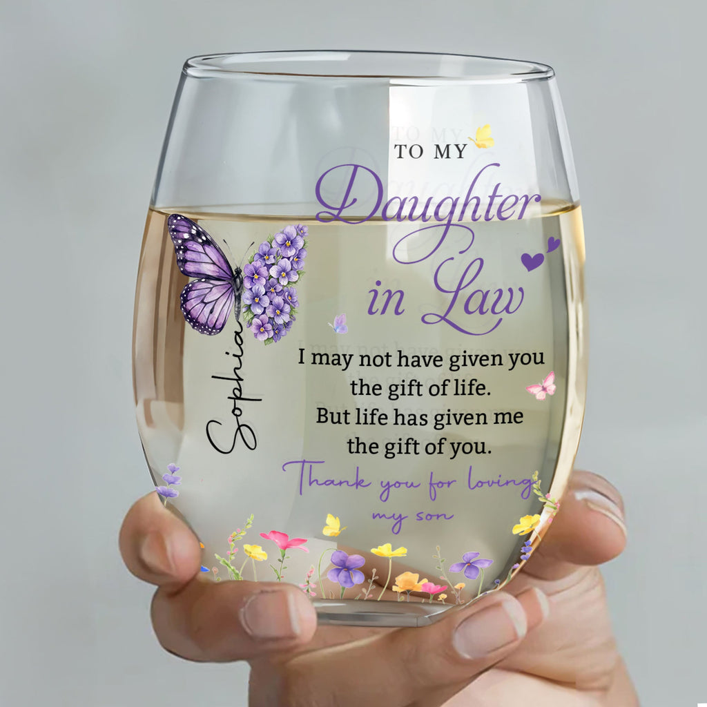 Personalized Stemless Wine Glass Custom Gift for Daughter-in-Law Wine Glasses GradoCreations