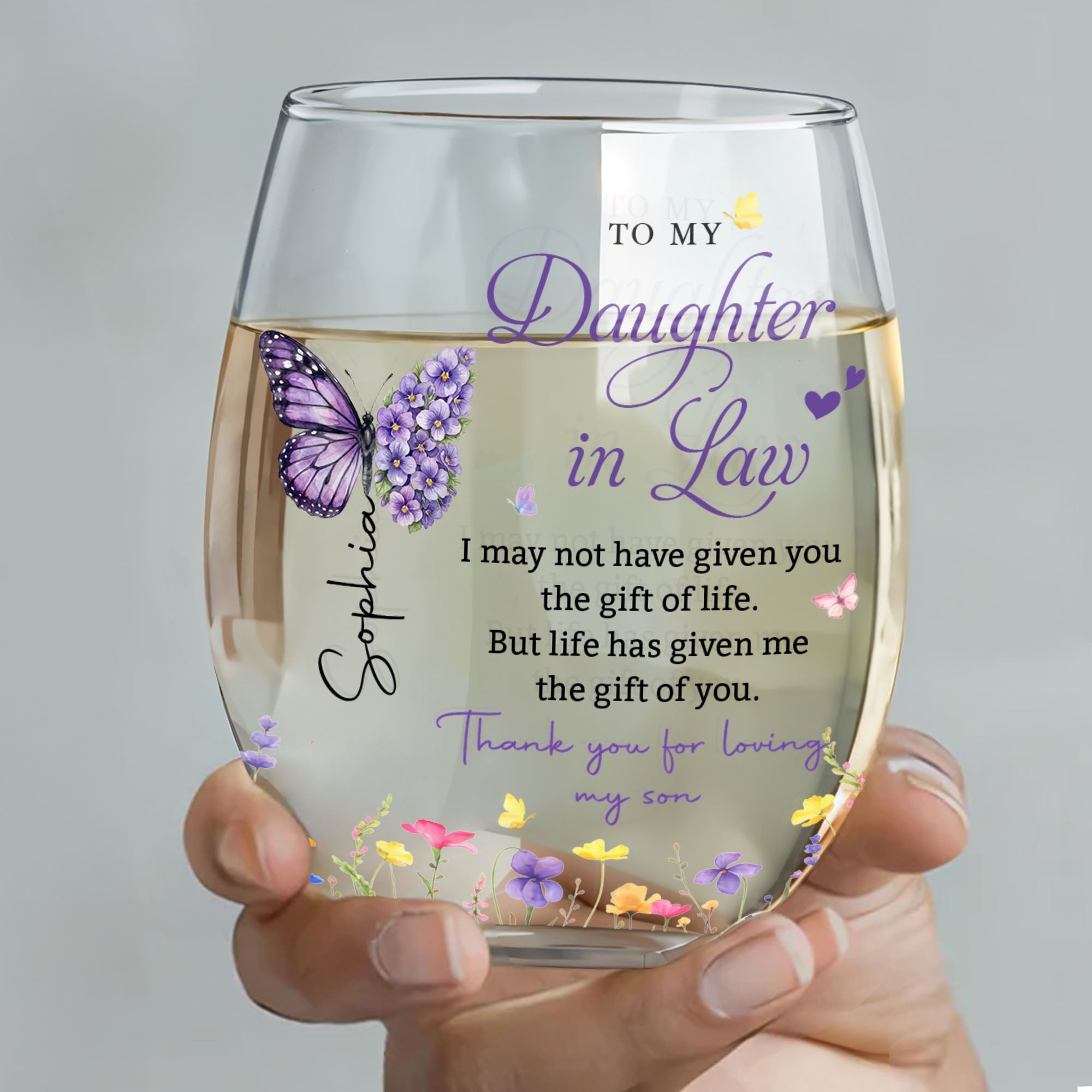 Personalized Stemless Wine Glass Custom Gift for Daughter-in-Law Wine Glasses GradoCreations