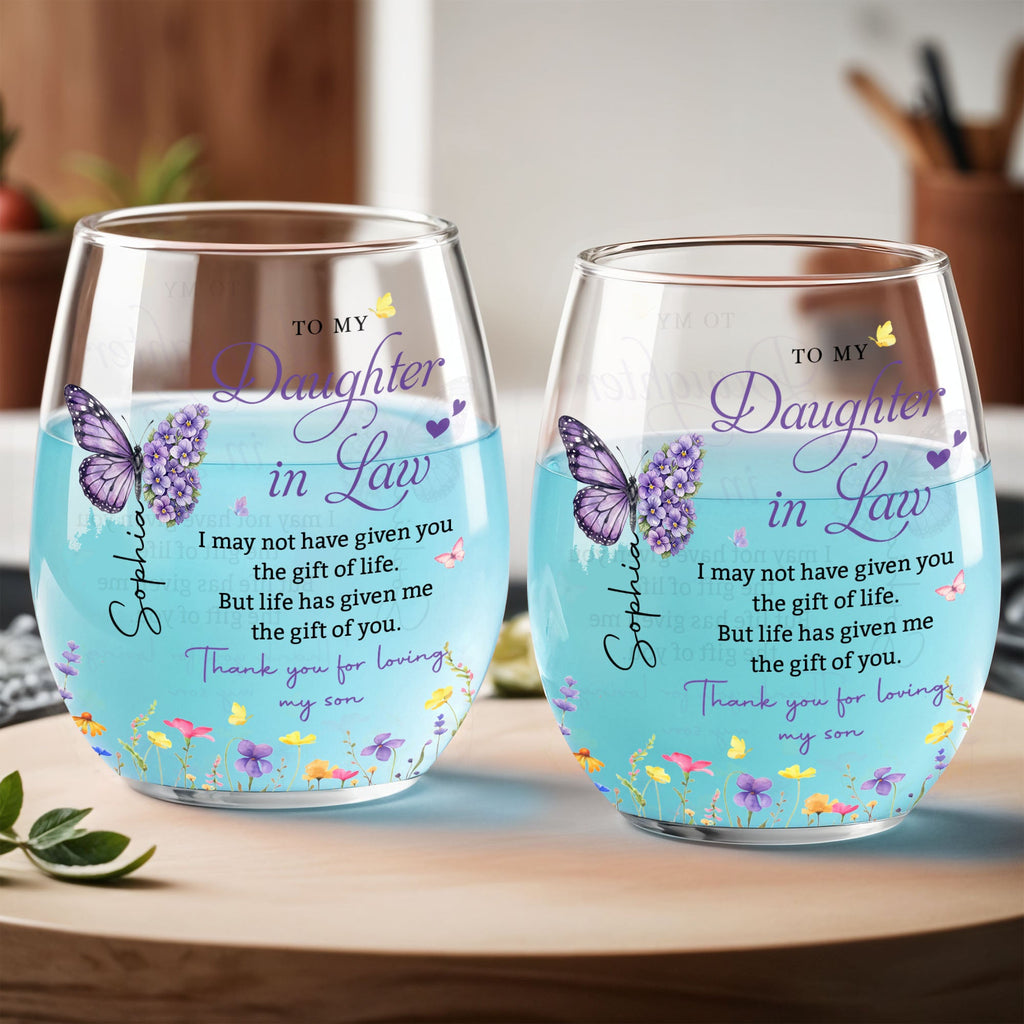 Personalized Stemless Wine Glass Custom Gift for Daughter-in-Law Wine Glasses GradoCreations