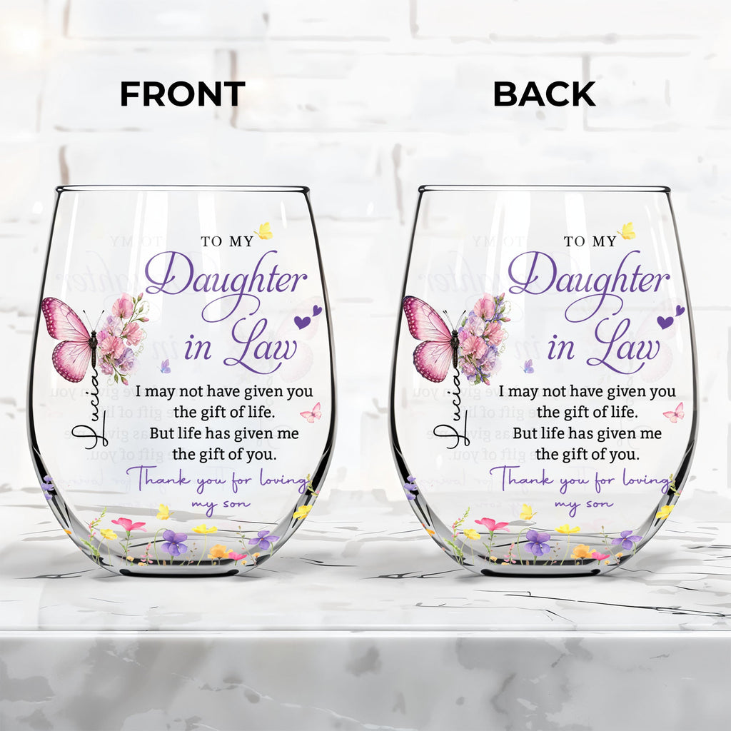 Personalized Stemless Wine Glass Custom Gift for Daughter-in-Law Wine Glasses GradoCreations