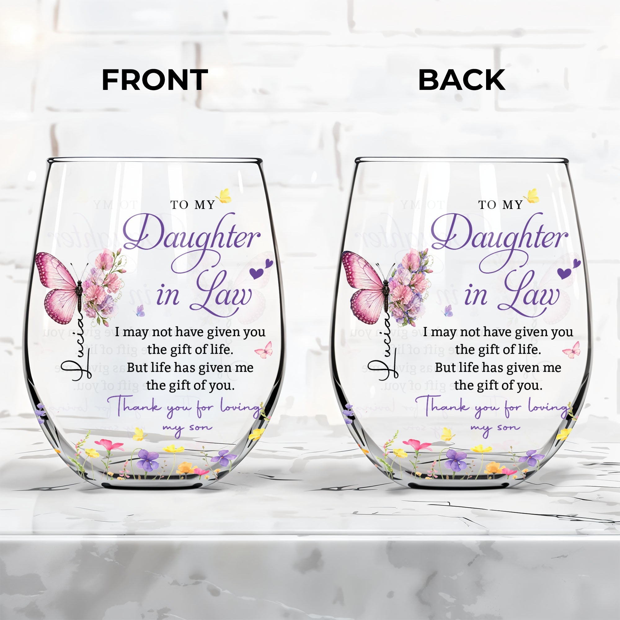 Personalized Stemless Wine Glass Custom Gift for Daughter-in-Law Wine Glasses GradoCreations