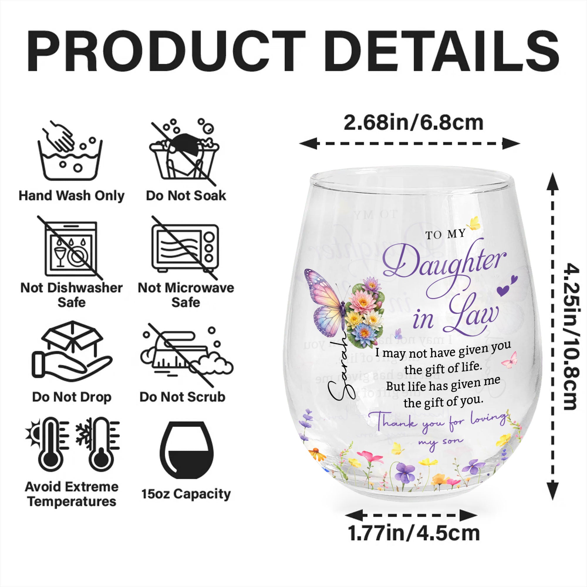 Personalized Stemless Wine Glass Custom Gift for Daughter-in-Law Wine Glasses GradoCreations
