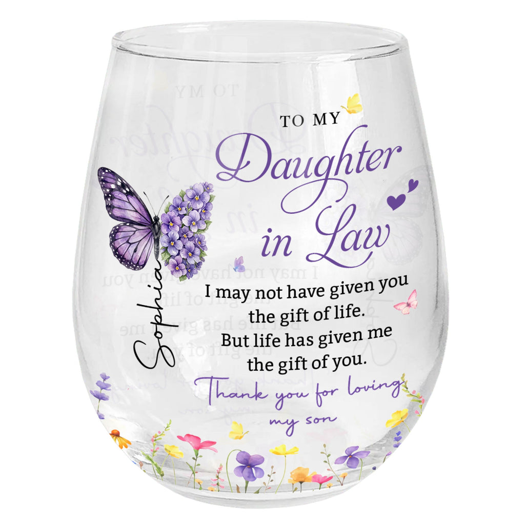 Personalized Stemless Wine Glass Custom Gift for Daughter-in-Law Wine Glasses GradoCreations
