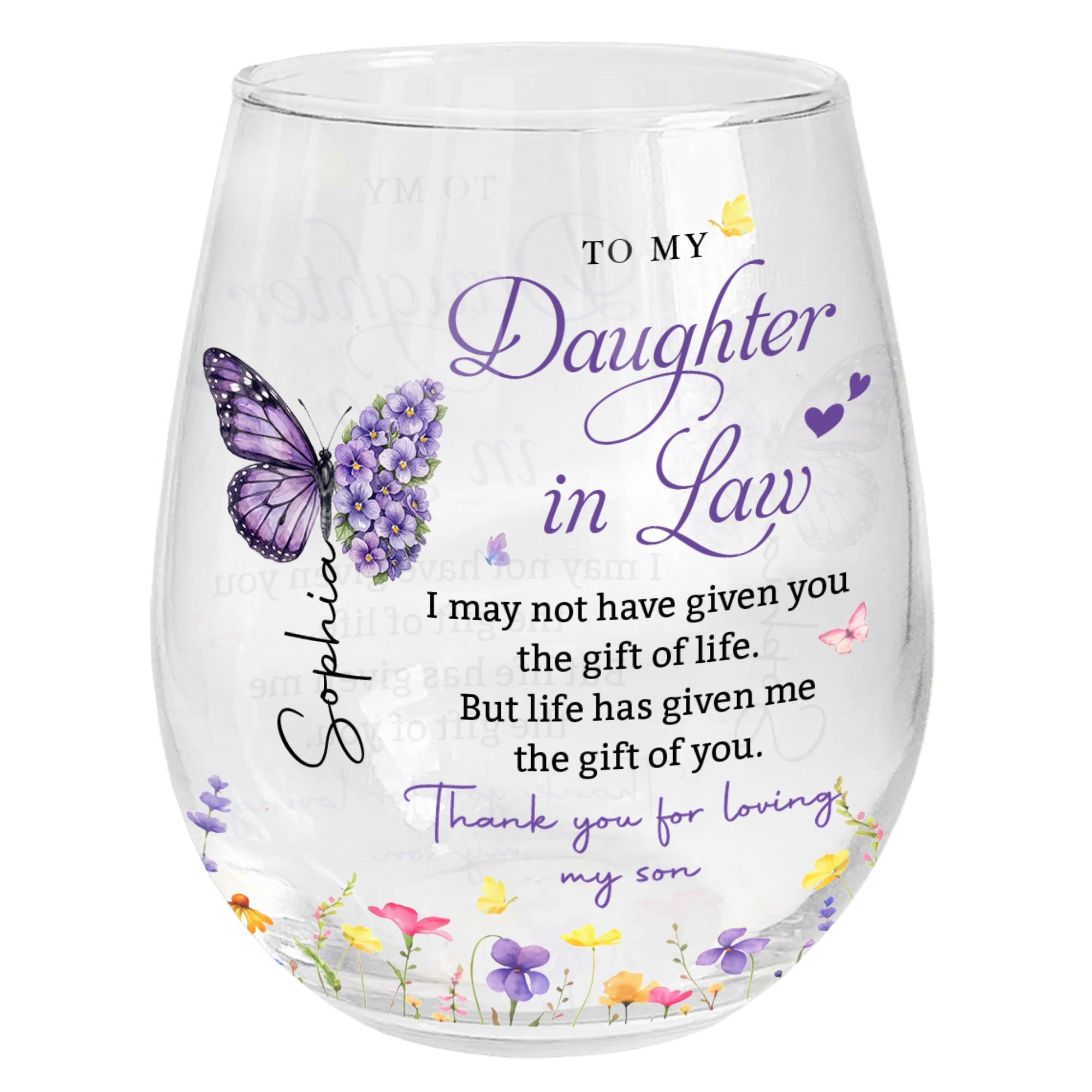 Personalized Stemless Wine Glass Custom Gift for Daughter-in-Law Wine Glasses GradoCreations