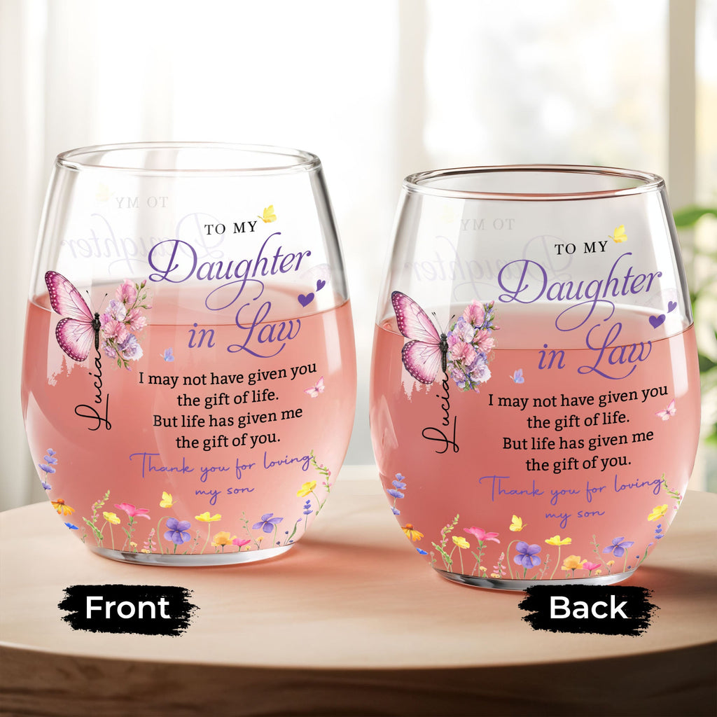 Personalized Stemless Wine Glass Custom Gift for Daughter-in-Law Wine Glasses GradoCreations