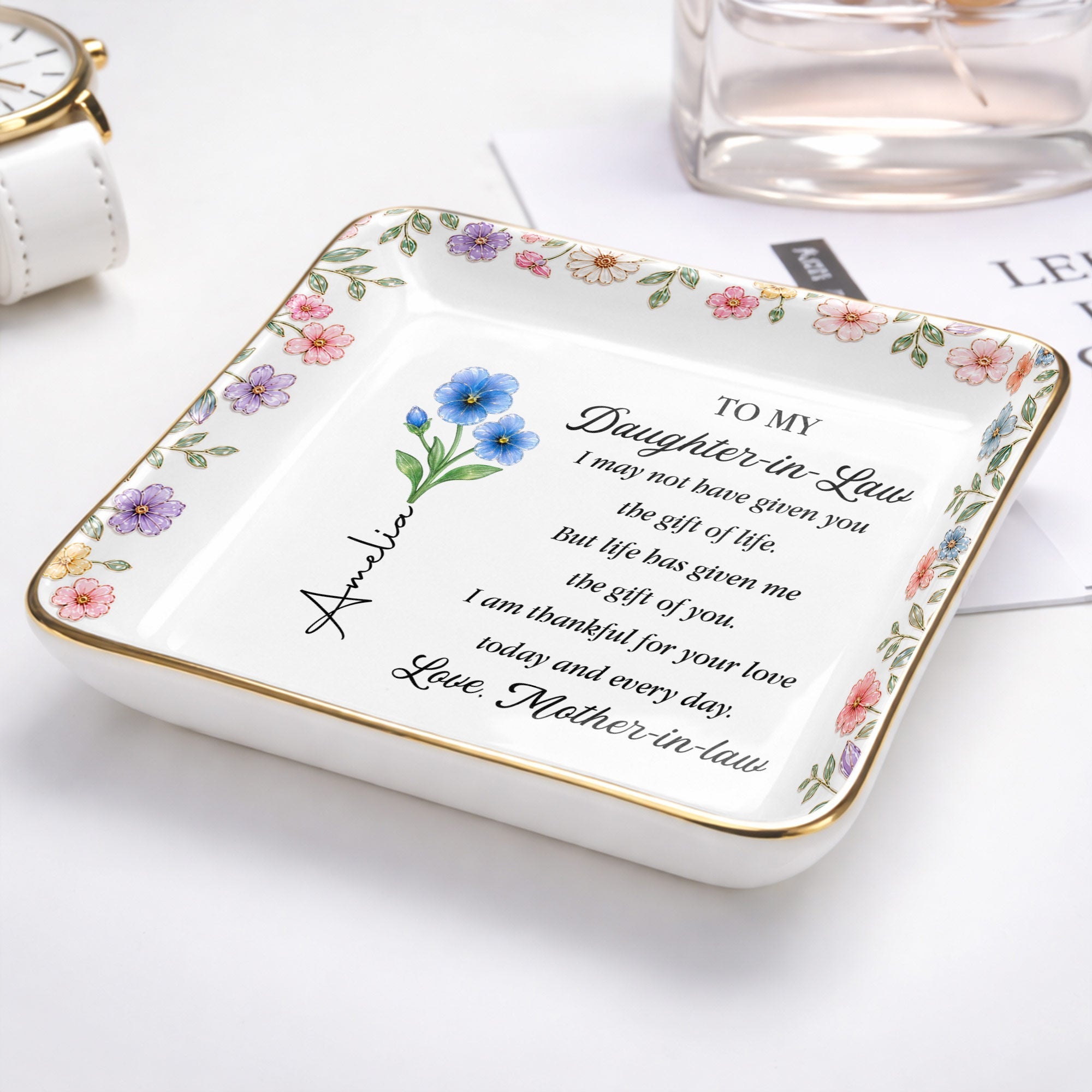 Personalized Square Ceramic Jewelry Dish Custom Gift for Daughter-in-Law Jewelry Dish GradoCreations