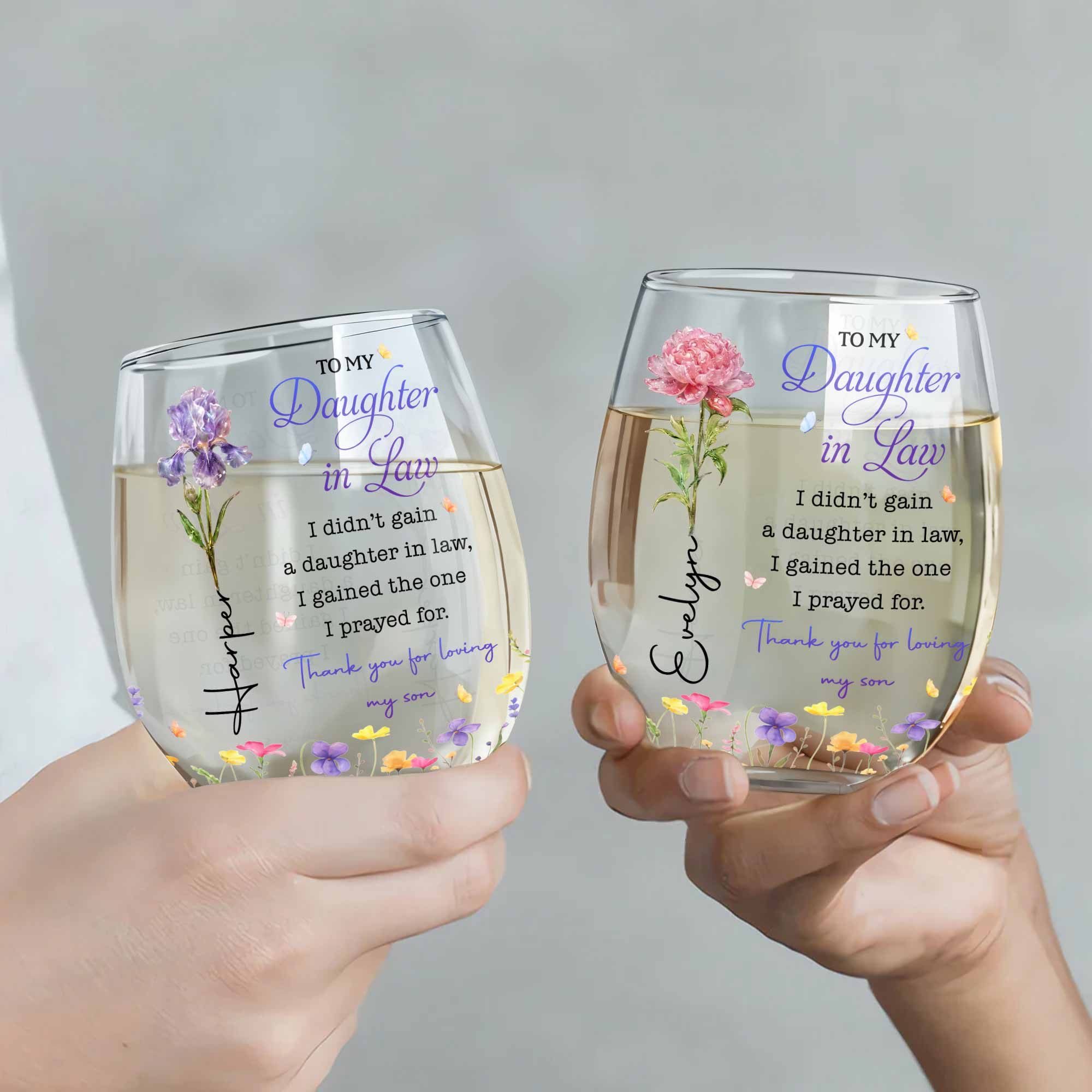 Personalized Stemless Wine Glass Custom Gift for Daughter-in-Law Wine Glasses GradoCreations
