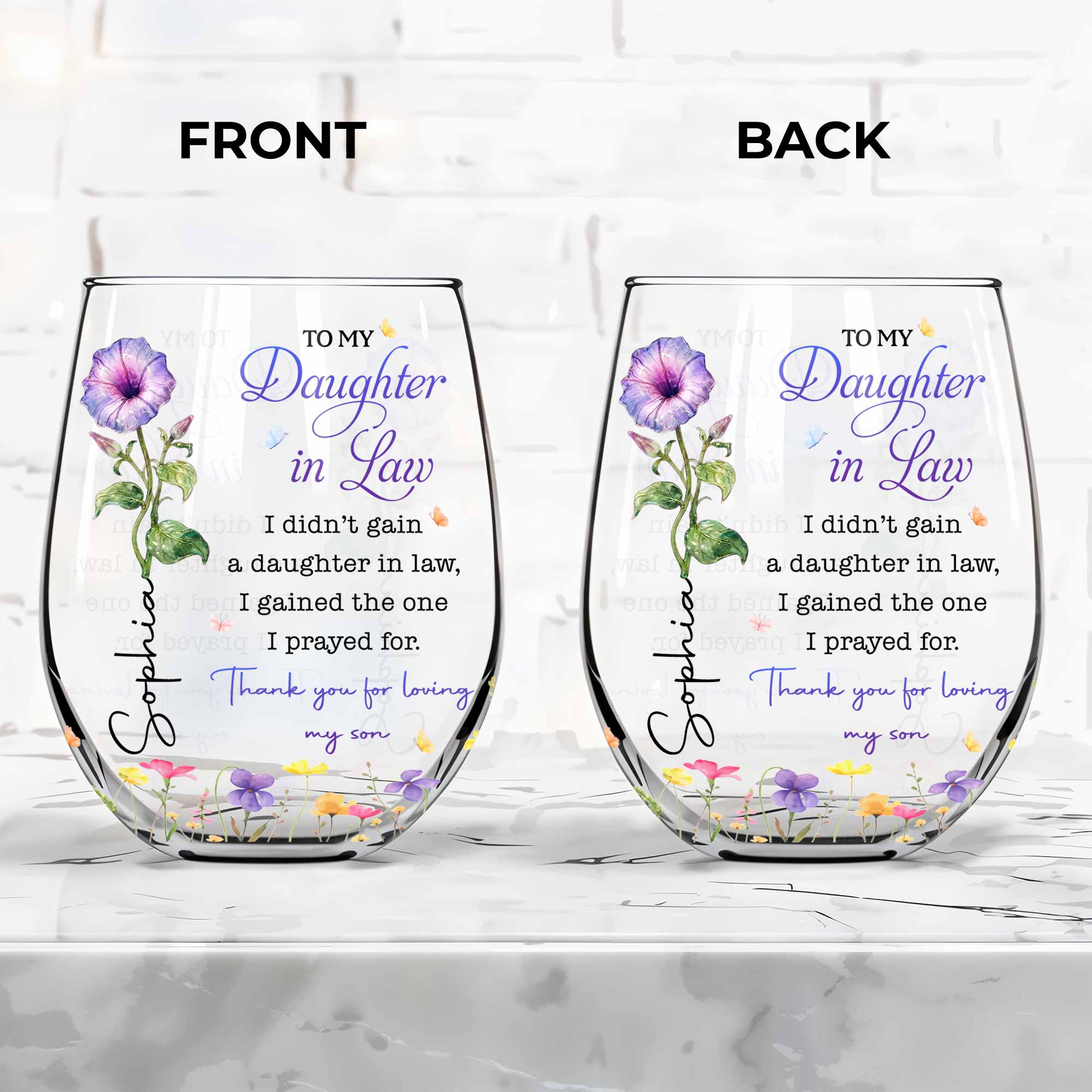 Personalized Stemless Wine Glass Custom Gift for Daughter-in-Law Wine Glasses GradoCreations