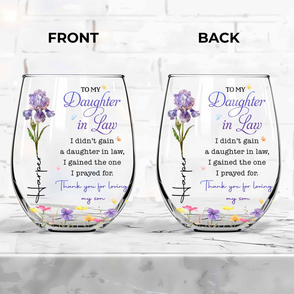 Personalized Stemless Wine Glass Custom Gift for Daughter-in-Law Wine Glasses GradoCreations