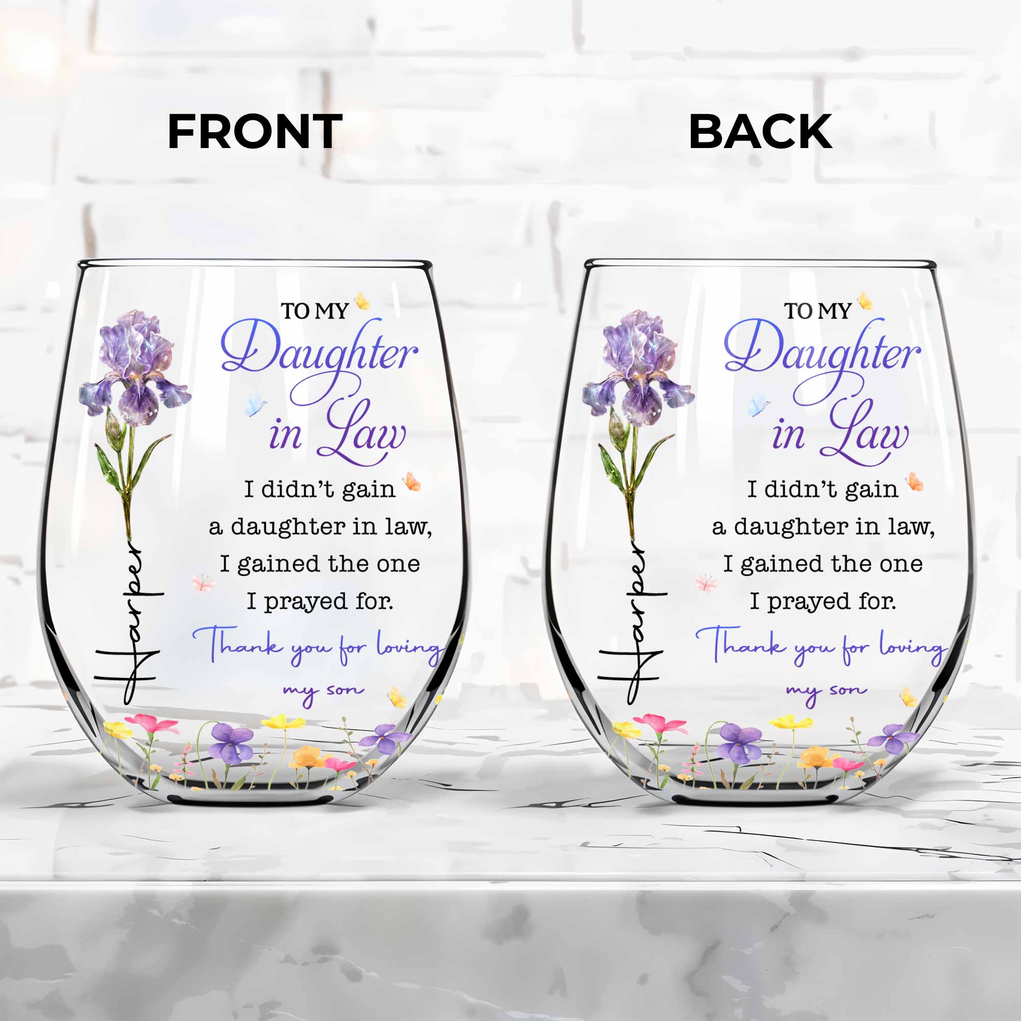 Personalized Stemless Wine Glass Custom Gift for Daughter-in-Law Wine Glasses GradoCreations