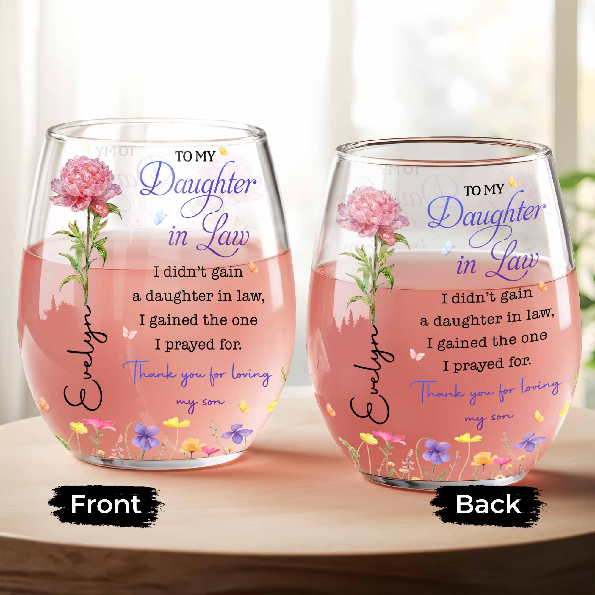 Personalized Stemless Wine Glass Custom Gift for Daughter-in-Law Wine Glasses GradoCreations