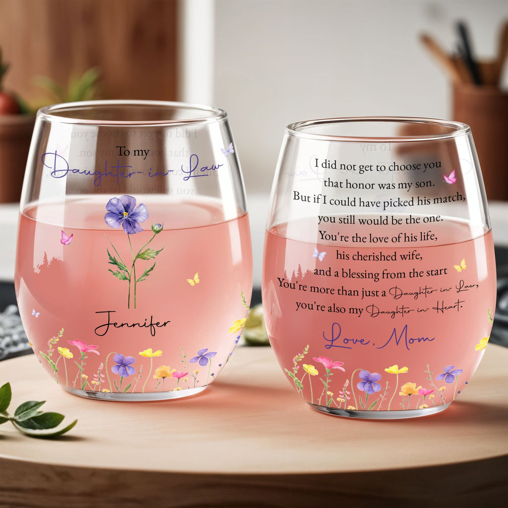 Personalized Stemless Wine Glass Custom Name Gift for Daughter-in-Law Wine Glasses GradoCreations