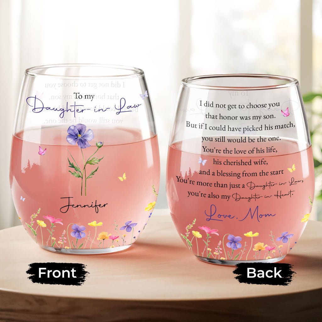 Personalized Stemless Wine Glass Custom Name Gift for Daughter-in-Law Wine Glasses GradoCreations